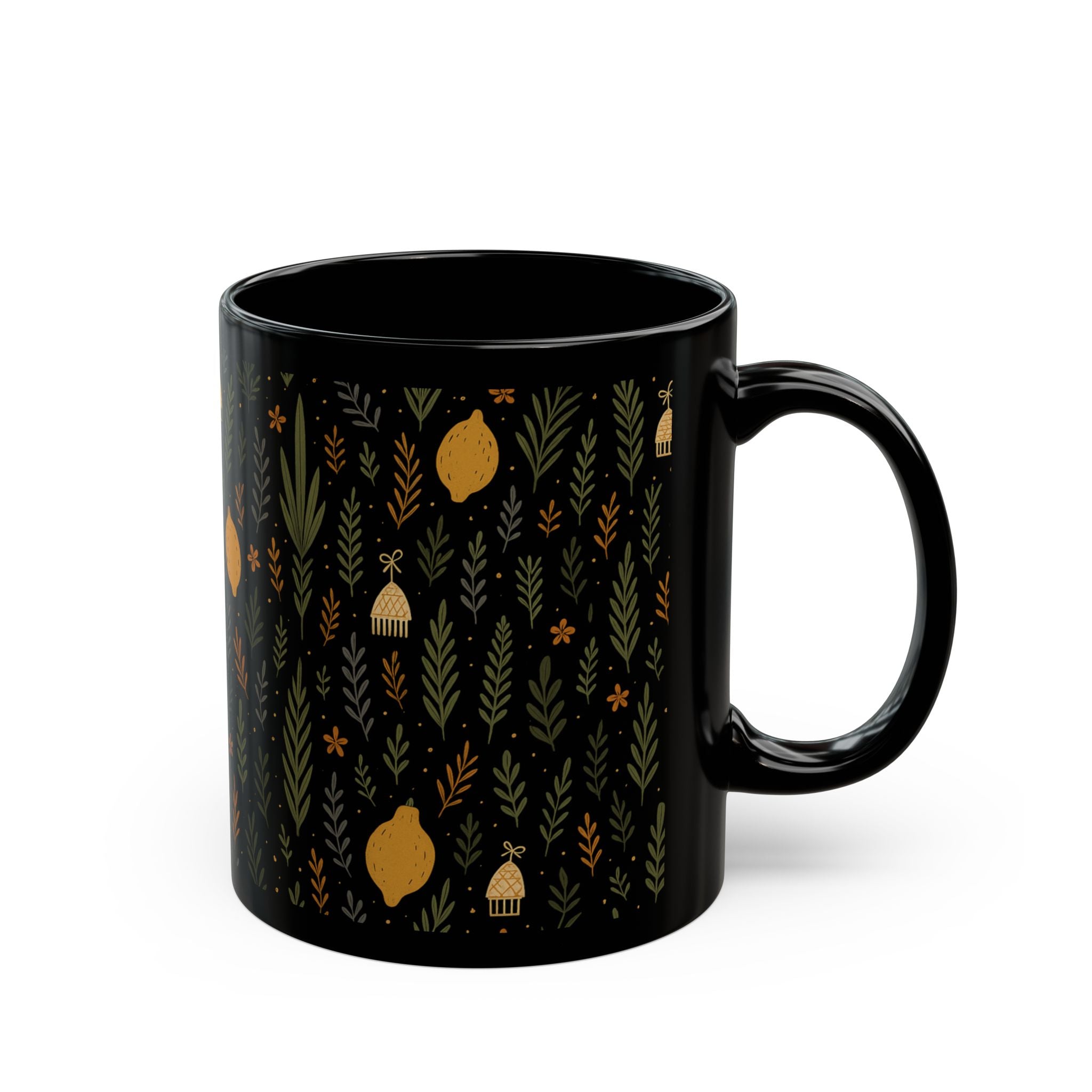 Jewish Sukkot Floral Mug Black Ceramic Coffee Cup, 11oz or 15oz Holiday Tea Mug Gift for Her
