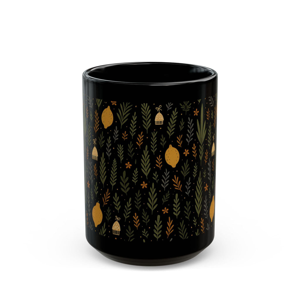 Jewish Sukkot Floral Black Ceramic Mug, Fall Holiday Tea Cup (11oz or 15oz)