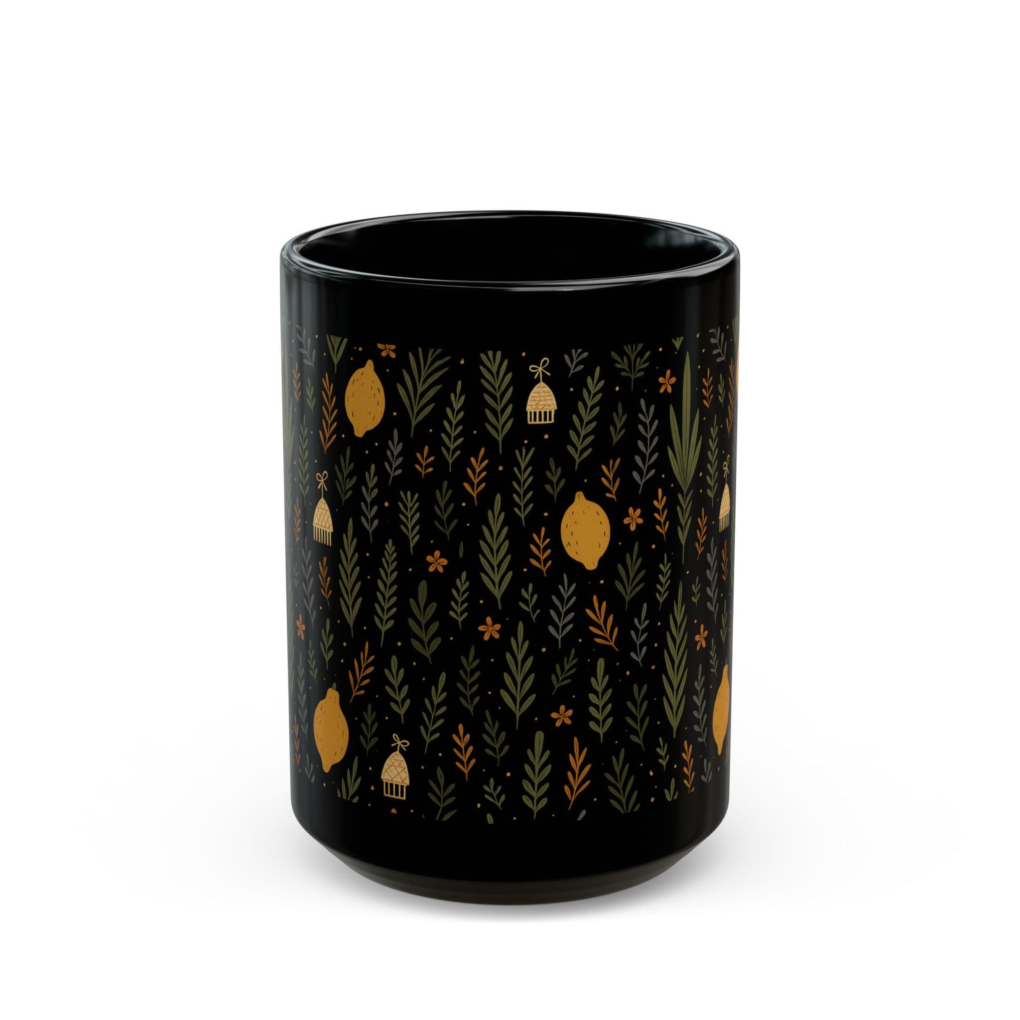 Jewish Sukkot Floral Black Ceramic Mug, Fall Holiday Tea Cup (11oz or 15oz)