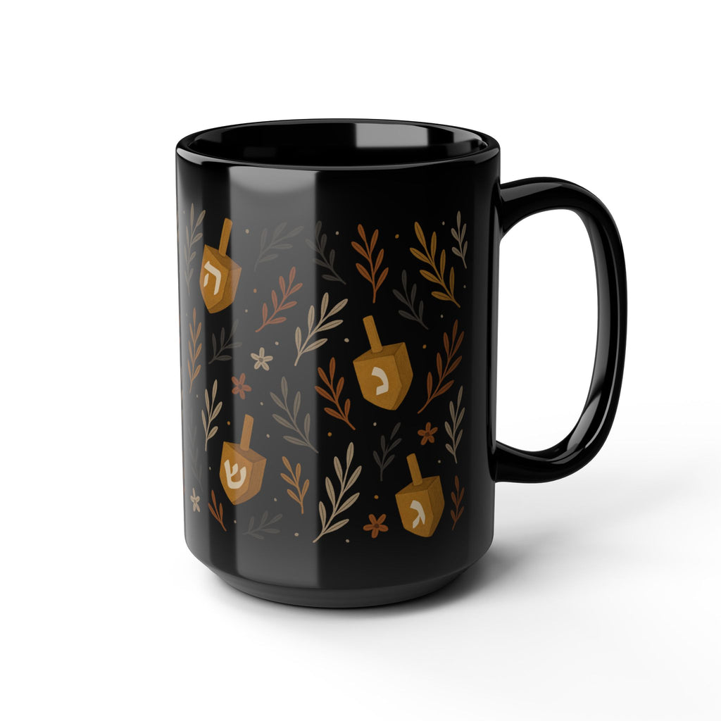 Jewish Dreidel Floral Mug Black Hanukkah Coffee Cup, 11oz or 15oz Ceramic Tea Mug Gift for Jewish Women