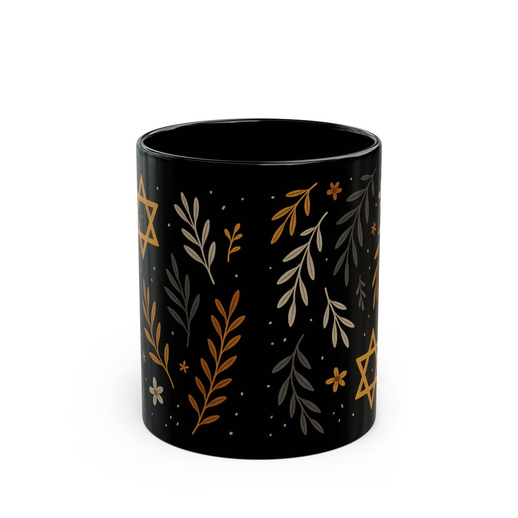 Jewish Fall Floral Black Mug Cozy Coffee Cup 11oz or 15oz, Hanukkah Gift Judaica Tea Lover Mug for Home or Office