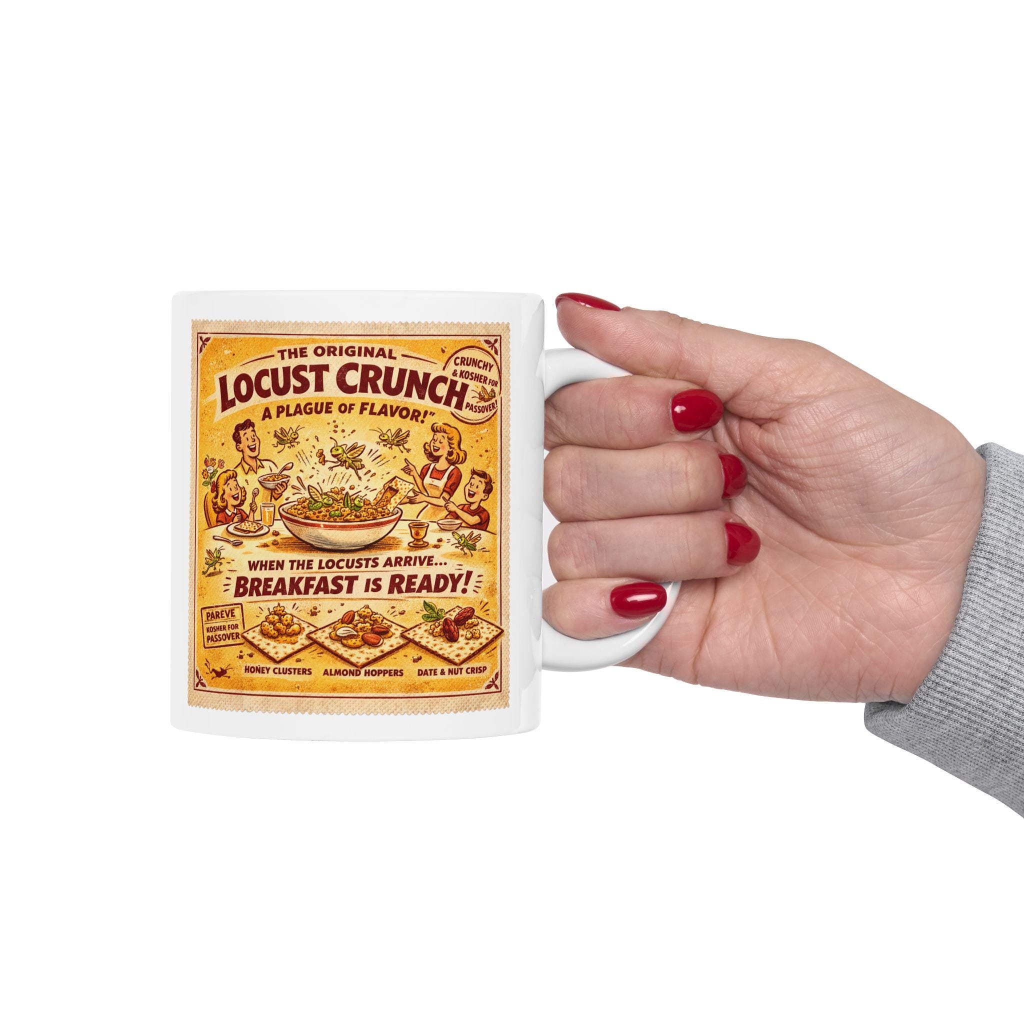 Passover Locust Crunch Cereal Mug, Retro Jewish Humor Coffee Cup