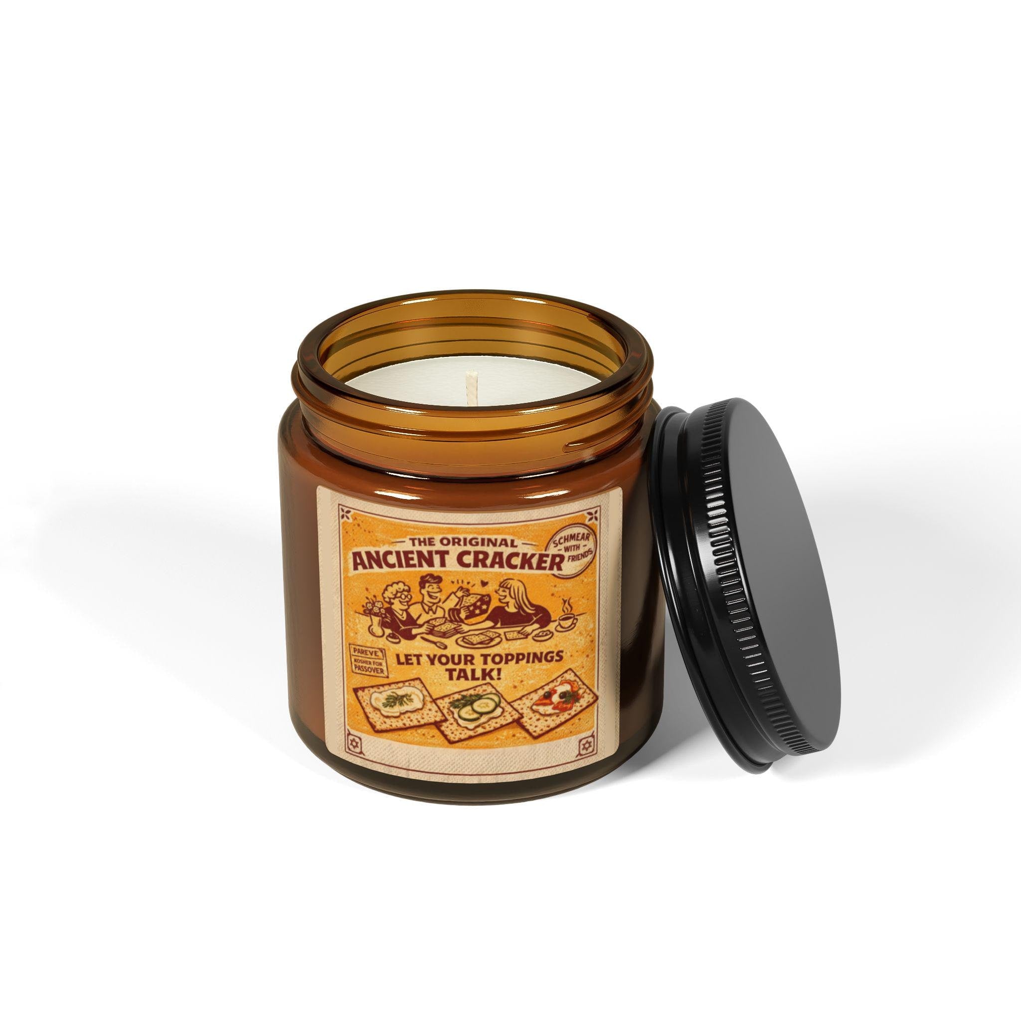 Vintage Cracker Label Soy Candle, Amber Jar, Judaica Kitchen Decor