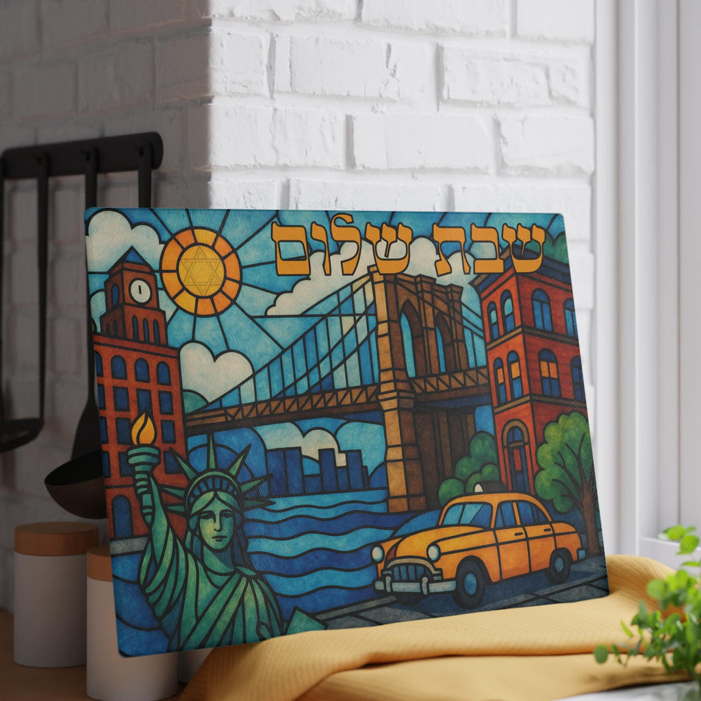 Brooklyn Challah Board, Stained Glass NYC Shabbat Tray, Brooklyn Bridge Taxi