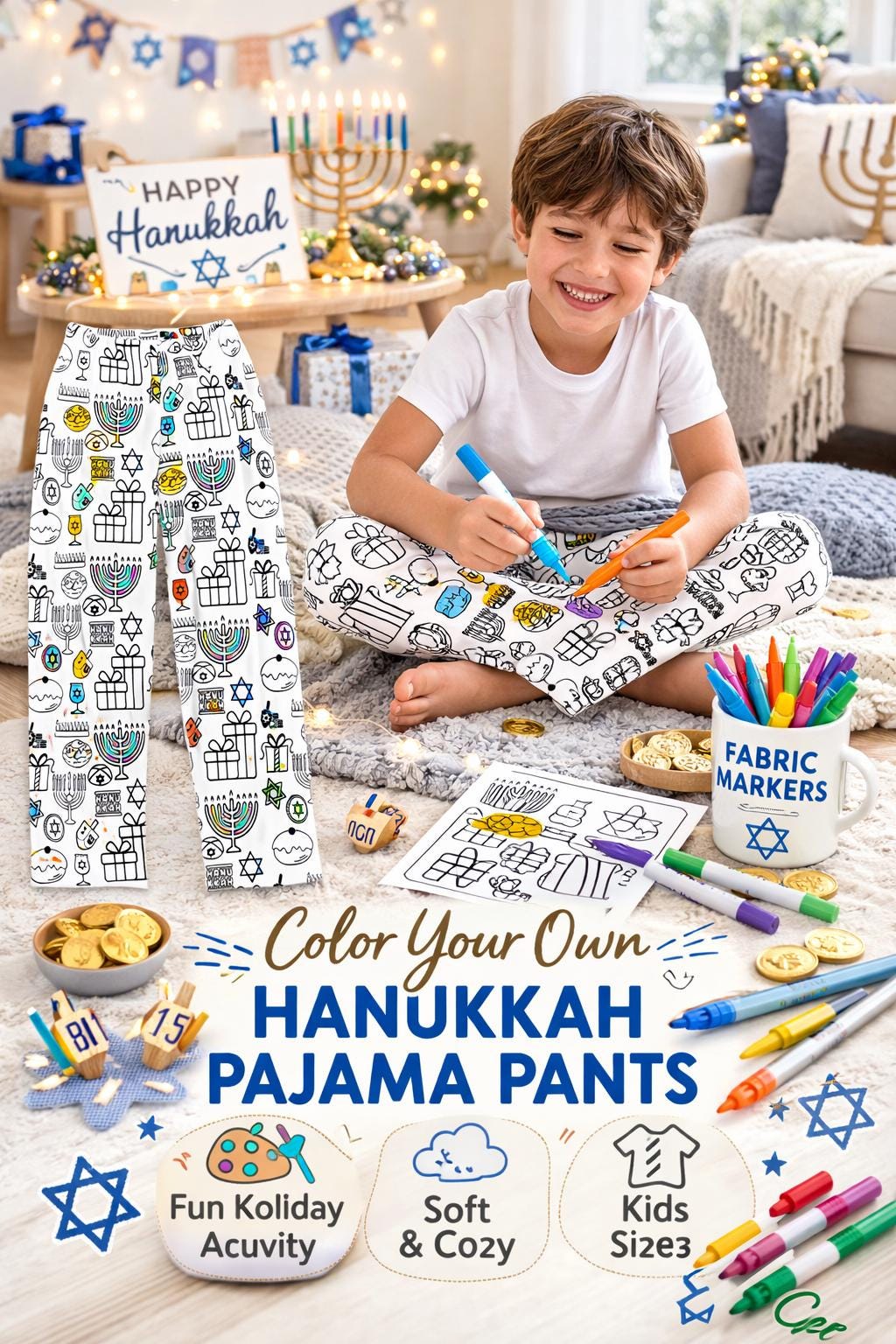 Kids Color Your Own Hanukkah Pajama Pants, Dreidel Coloring Sleepwear (100% Polyester)