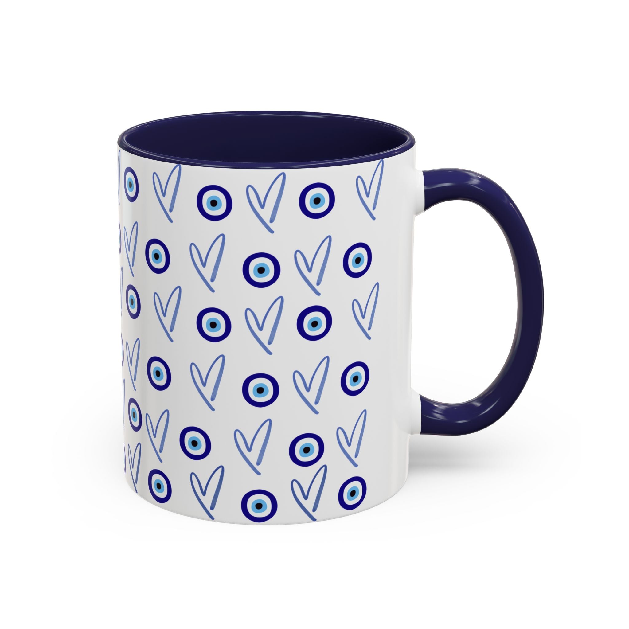 Evil Eye Heart Coffee Mug, Blue Ceramic Tea Cup, Jewish Kitchen Gift, Modern Judaica Drinkware, 11oz 15oz