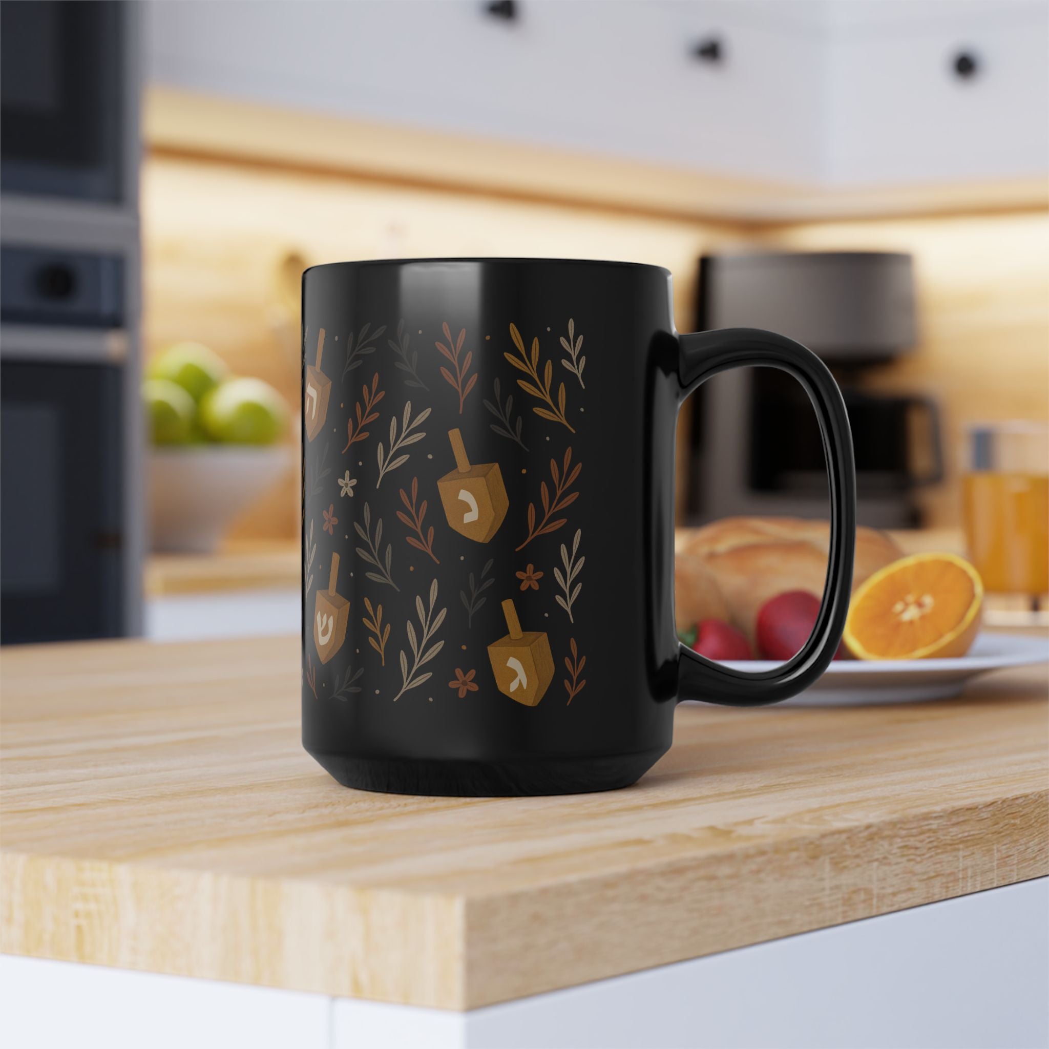 Jewish Dreidel Floral Mug Black Hanukkah Coffee Cup, 11oz or 15oz Ceramic Tea Mug Gift for Jewish Women