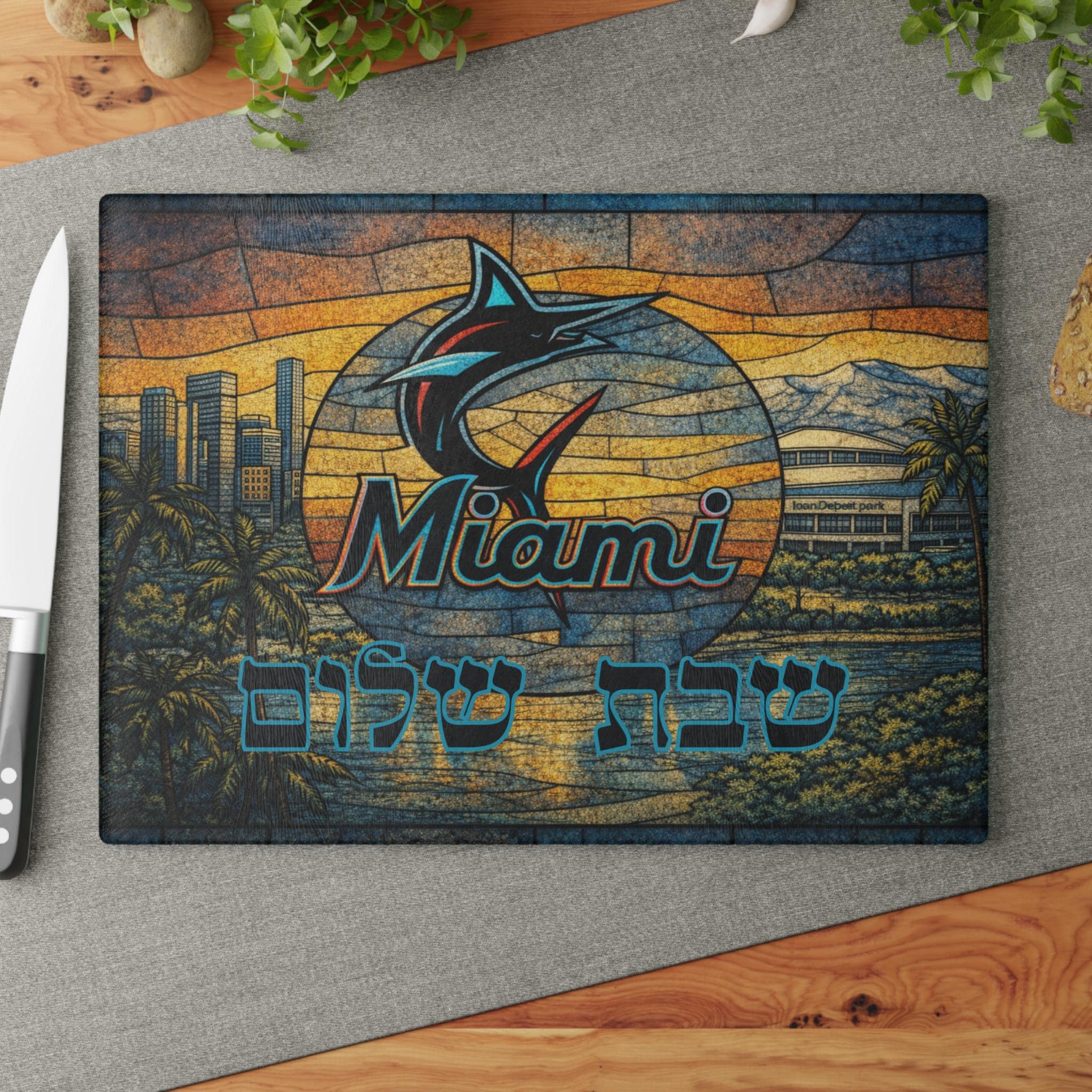 Miami Marlins Stained Glass Challah Board, Tempered Glass Shabbat Tray
