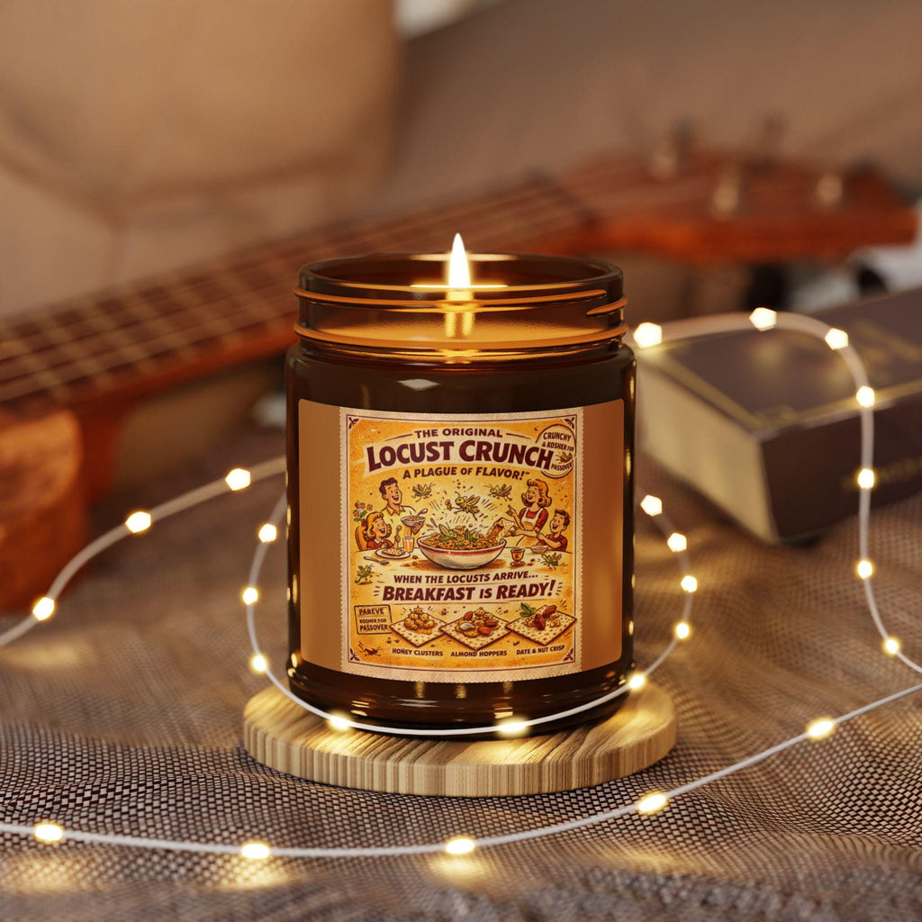 Locust Crunch Soy Candle, Vintage Passover Label, Amber Glass Judaica Home Fragrance