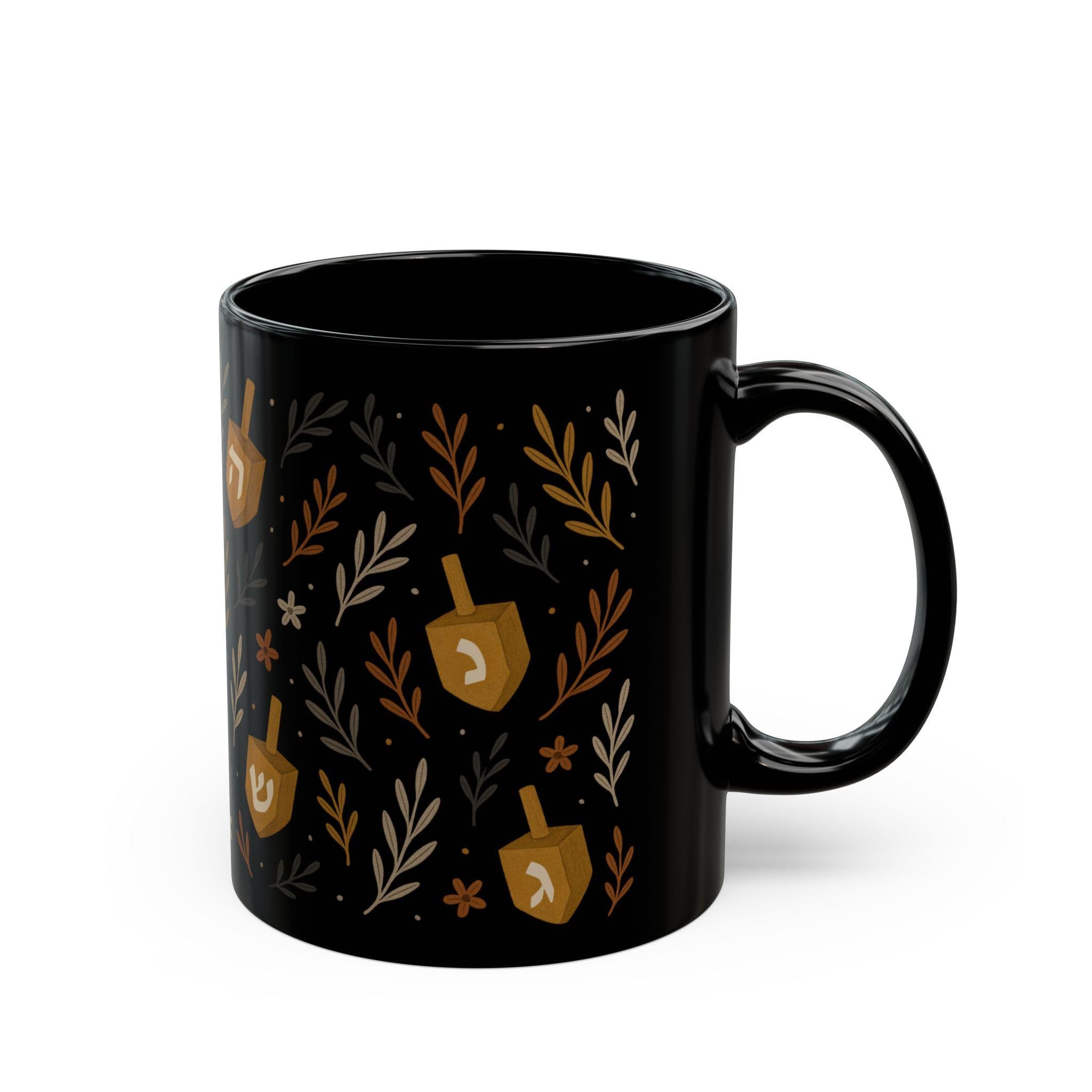 Floral Dreidel Mug, Black Ceramic Hanukkah Coffee Cup (11oz or 15oz)