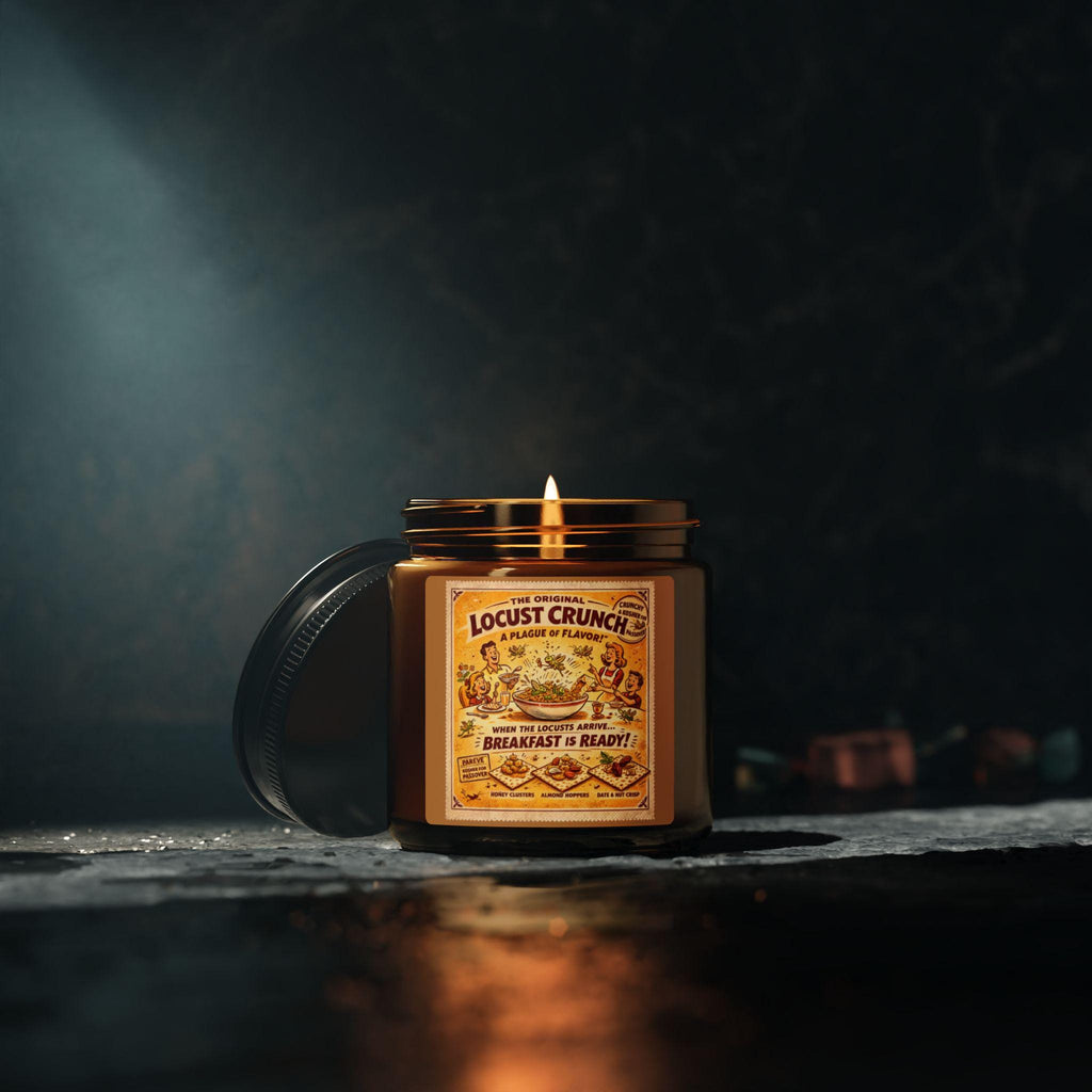 Locust Crunch Soy Candle, Vintage Passover Label, Amber Glass Judaica Home Fragrance