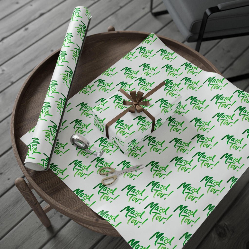 White Green Mazel Tov Wrapping Paper, Modern Jewish Simcha Gift Wrap
