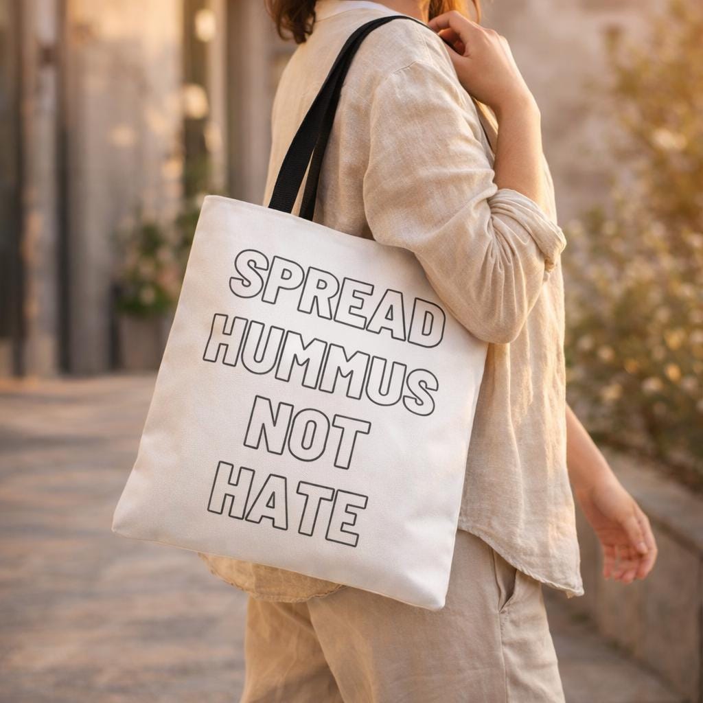 Spread Hummus Not Hate Tote Bag, Funny Vegan Reusable Grocery Bag, Gift for Foodies and Activists, Middle Eastern Food Lover