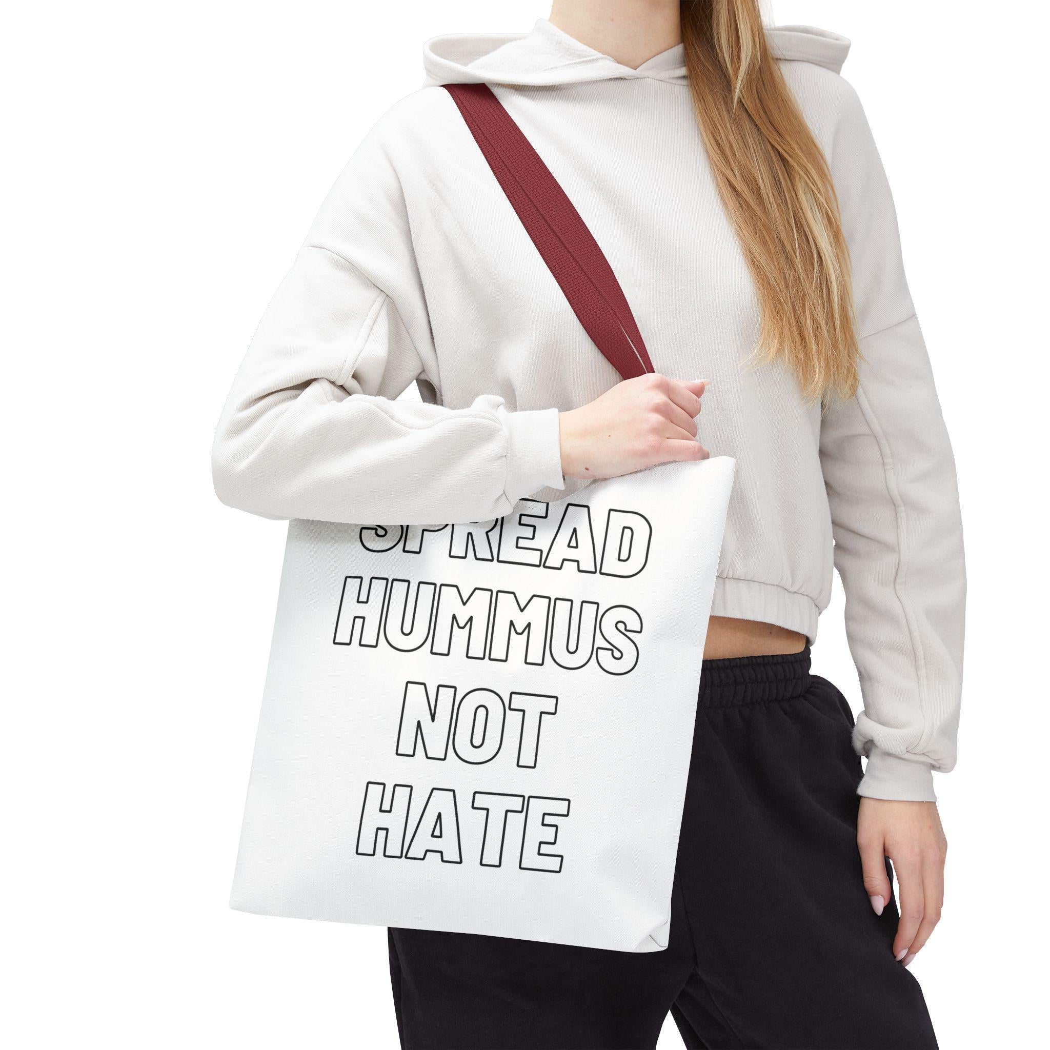 Spread Hummus Not Hate Tote Bag, Funny Vegan Reusable Grocery Bag, Gift for Foodies and Activists, Middle Eastern Food Lover