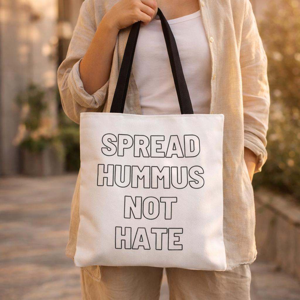 Spread Hummus Not Hate Tote Bag, Funny Vegan Reusable Grocery Bag, Gift for Foodies and Activists, Middle Eastern Food Lover