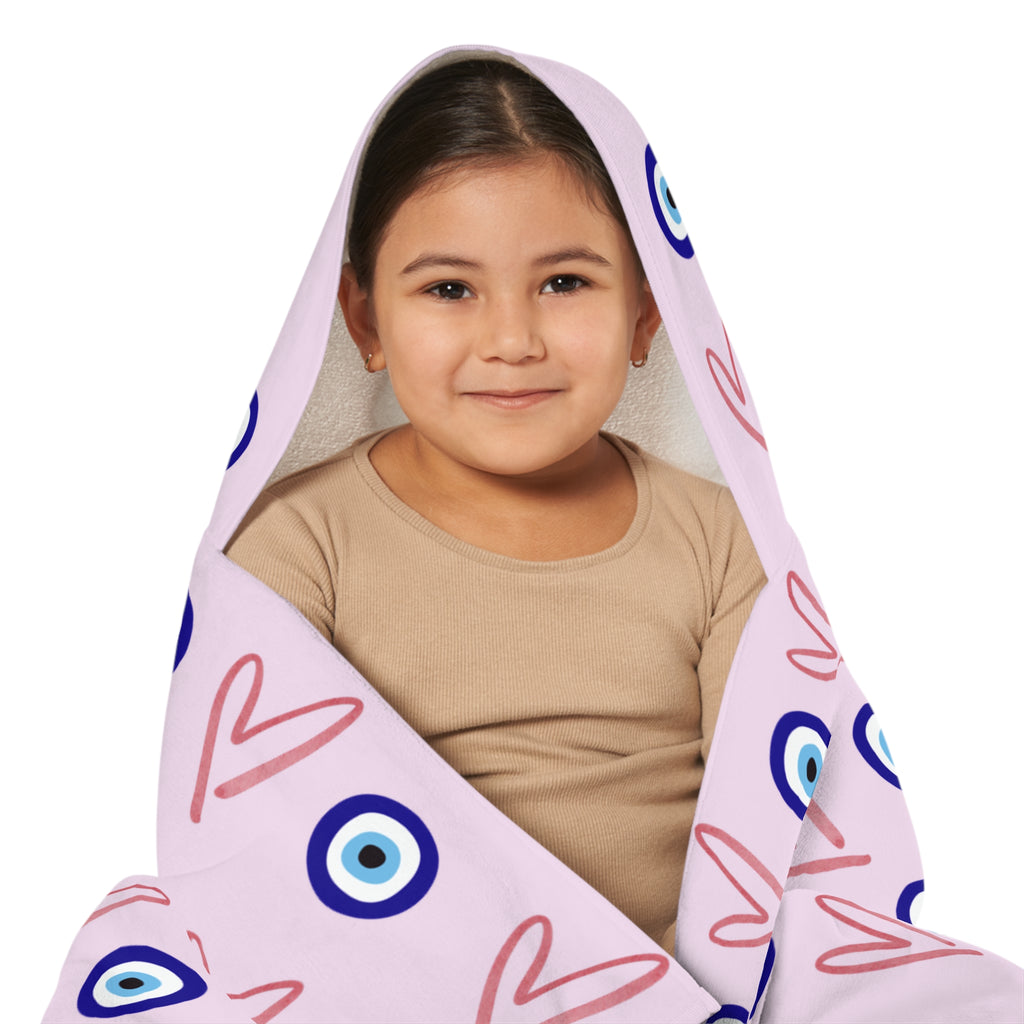 Jewish Evil Eye Hooded Towel for Kids, Pink Heart Bath Towel, Pool Beach Towel, Jewish Baby Gift, Girls Swim Towel