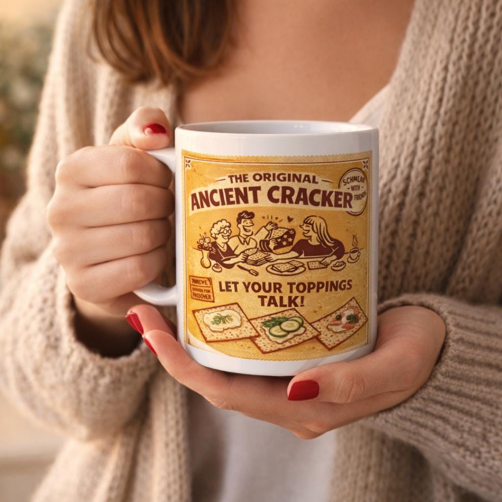 Vintage Ancient Cracker Illustration Mug, Retro Passover Coffee Cup