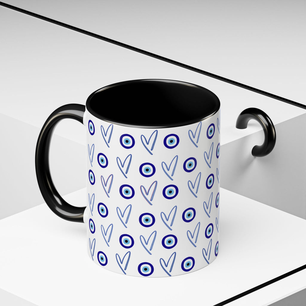 Evil Eye Heart Coffee Mug, Blue Ceramic Tea Cup, Jewish Kitchen Gift, Modern Judaica Drinkware, 11oz 15oz