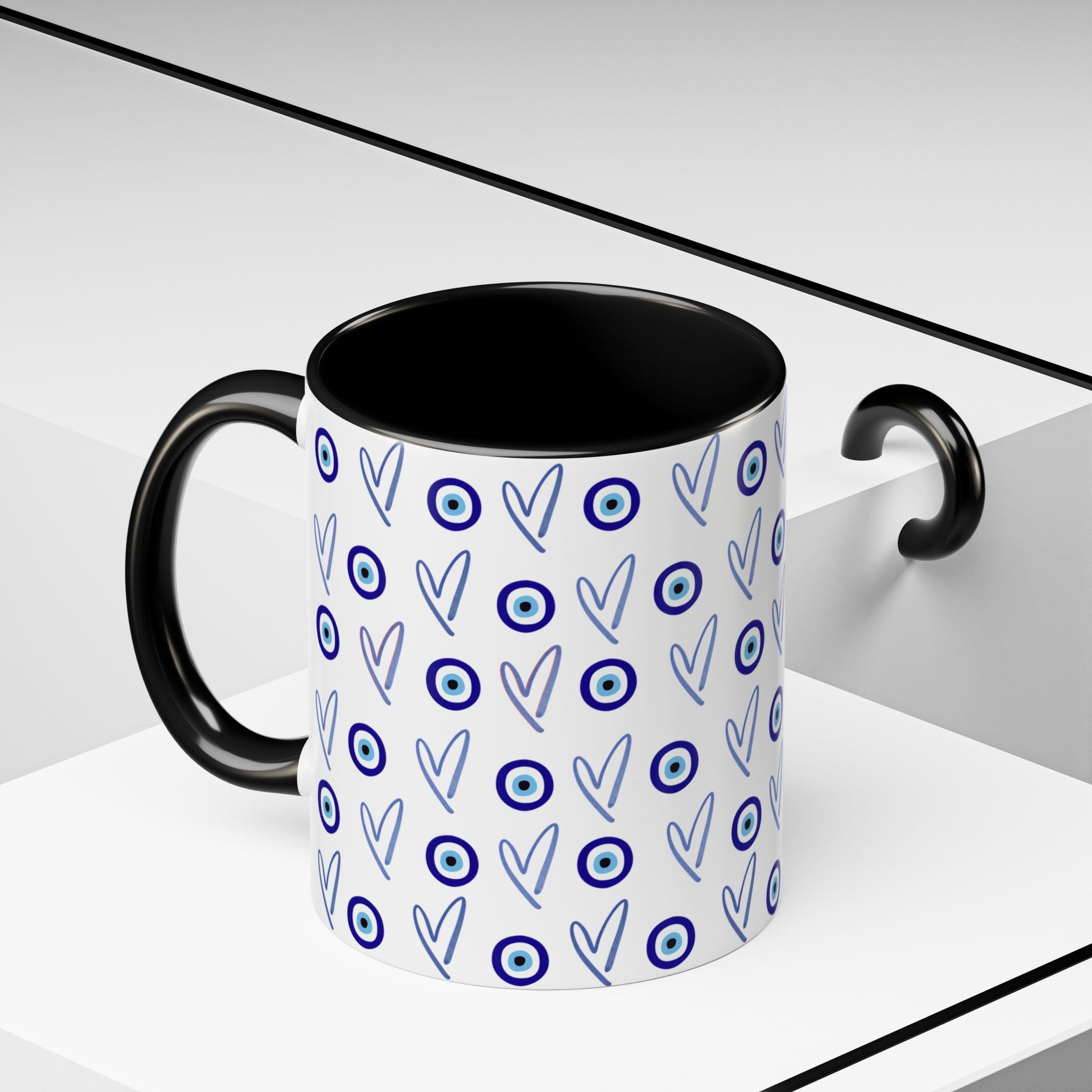Evil Eye Heart Coffee Mug, Blue Ceramic Tea Cup, Jewish Kitchen Gift, Modern Judaica Drinkware, 11oz 15oz