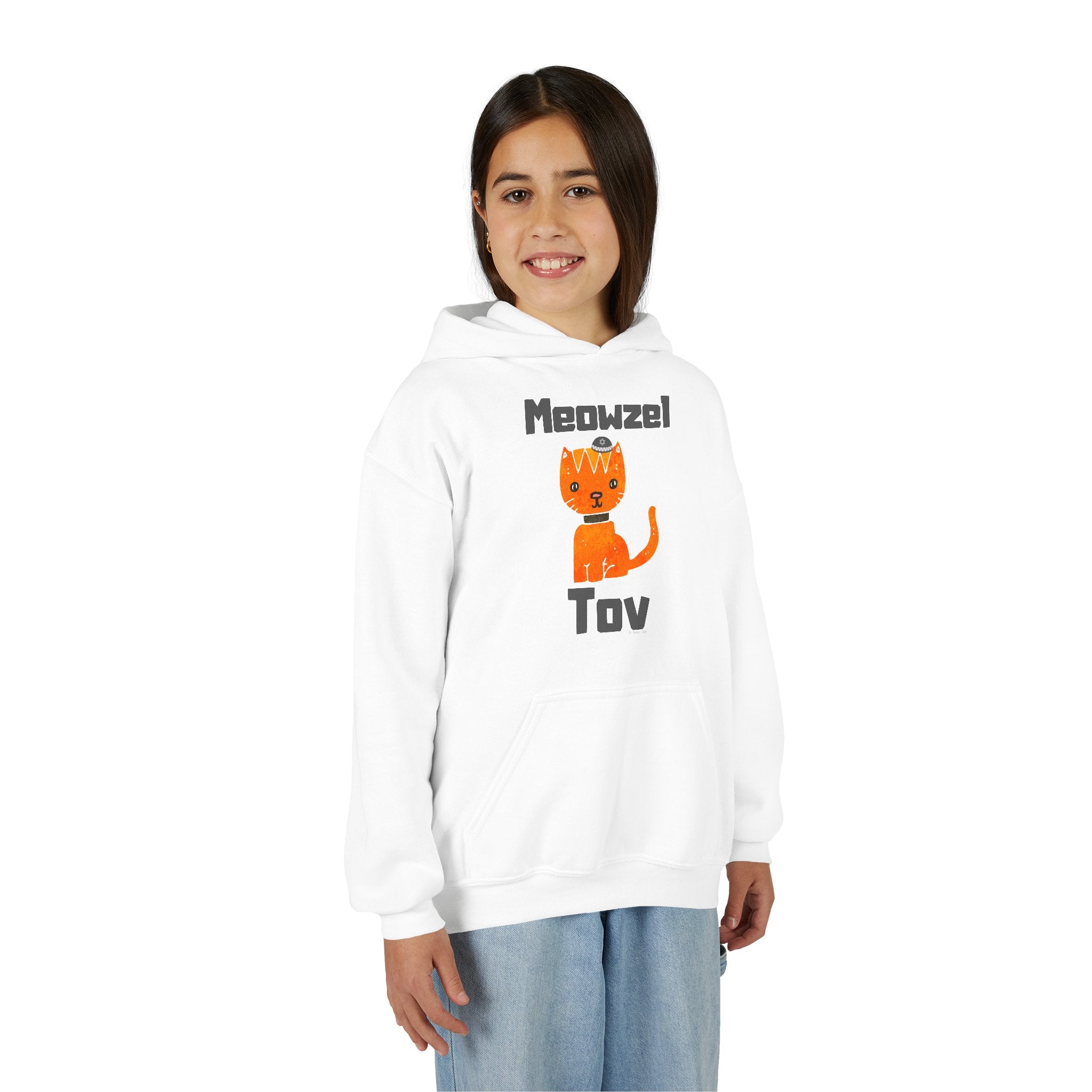 Meowel Tov Youth Hoodie Funny Jewish Cat Sweatshirt, Mazel Tov Hanukkah Gift for Kids