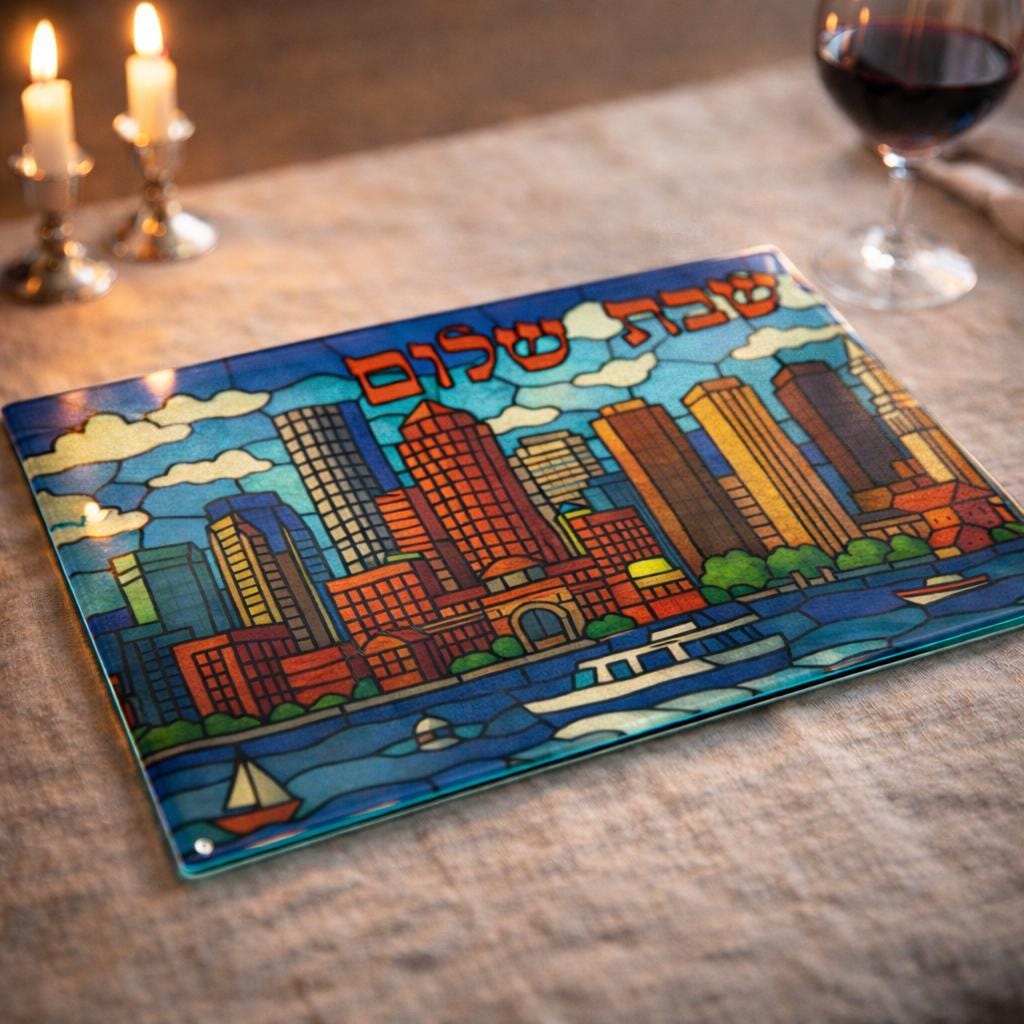 Boston Skyline Challah Board, Tempered Glass Shabbat Tray, Coastal Harbor Art