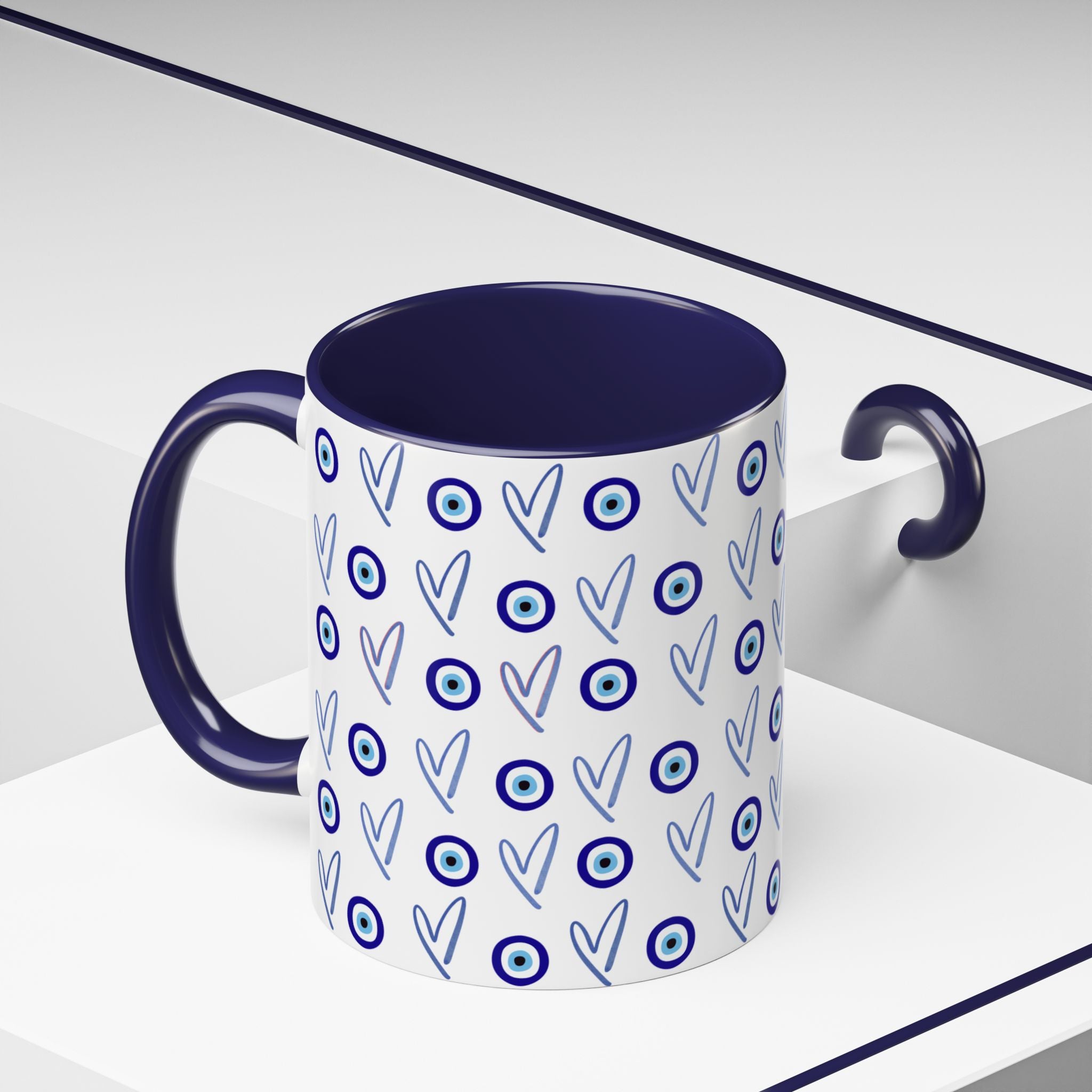 Evil Eye Heart Coffee Mug, Blue Ceramic Tea Cup, Jewish Kitchen Gift, Modern Judaica Drinkware, 11oz 15oz