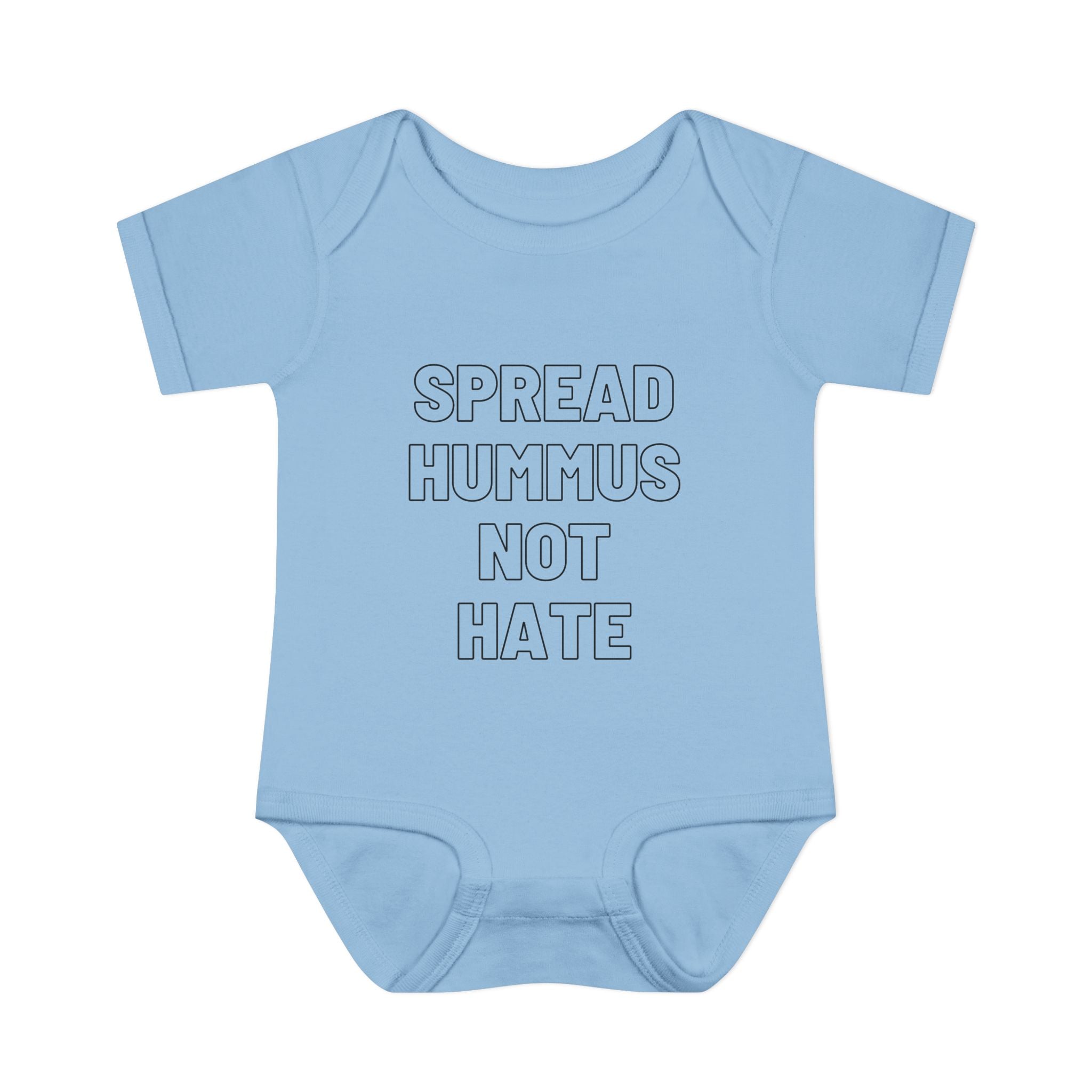 Spread Hummus Not Hate Baby Onesie Funny Jewish Infant Bodysuit, Foodie Humor Baby Shower Gift