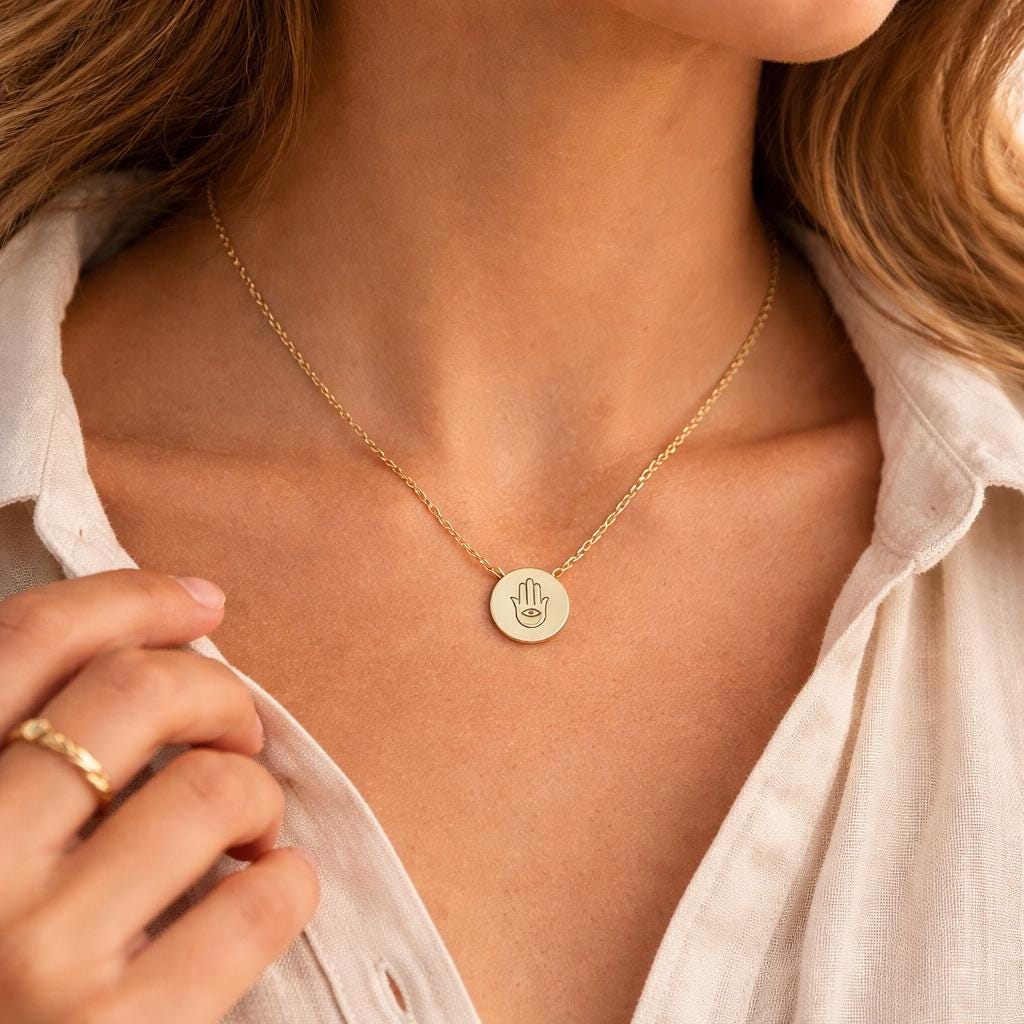 Hamsa Evil Eye Mini Circle Necklace, Minimalist Stainless Steel Protection Jewelry