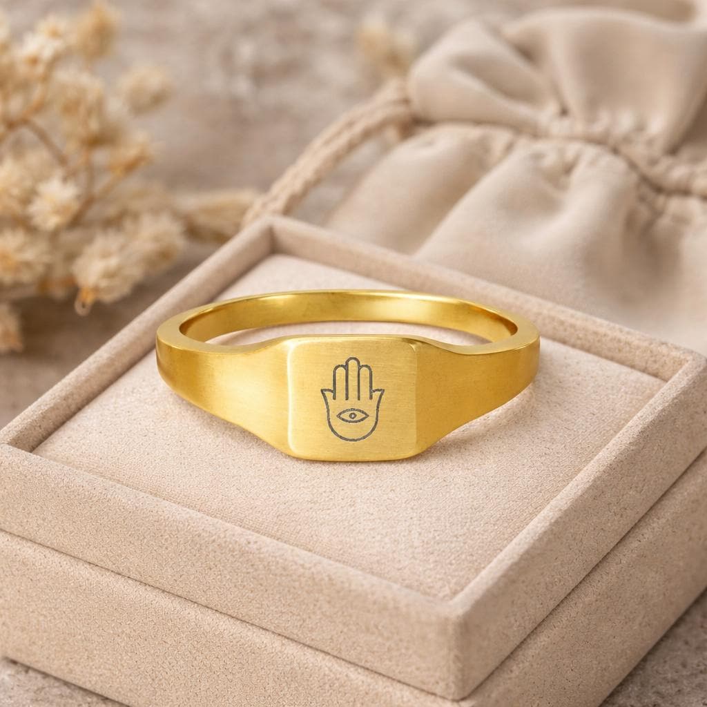 Engraved Hamsa Signet Ring, 18K Gold PVD Stainless Steel, Jewish Protection Jewelry