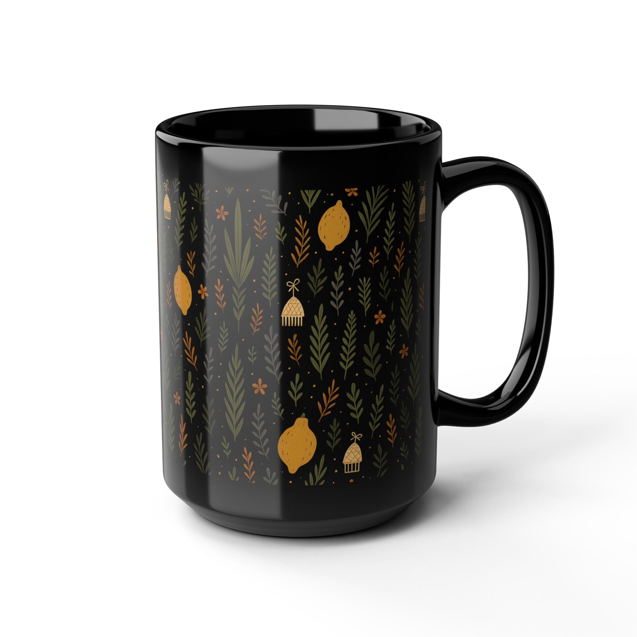 Jewish Sukkot Floral Mug Black Ceramic Coffee Cup, 11oz or 15oz Holiday Tea Mug Gift for Her