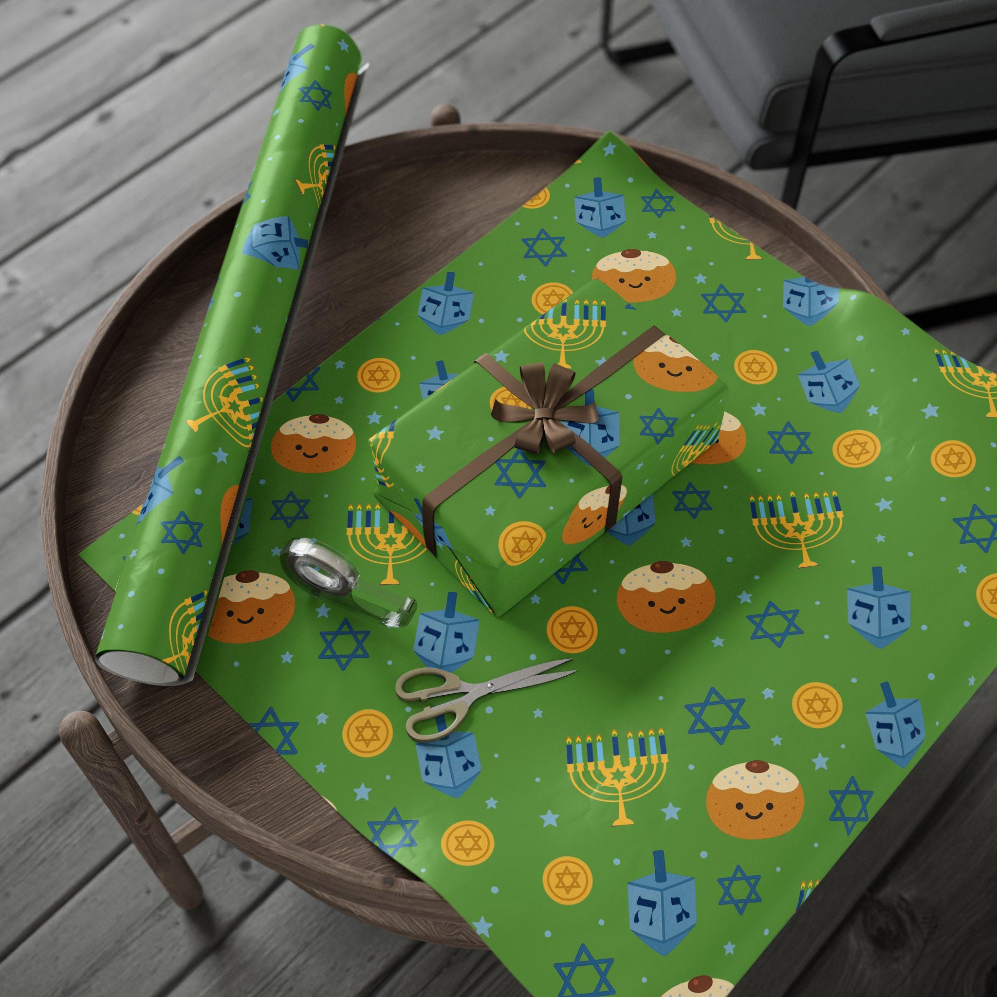 Green Hanukkah Wrapping Paper, Modern Judaica Gift Wrap, Fine Art Paper