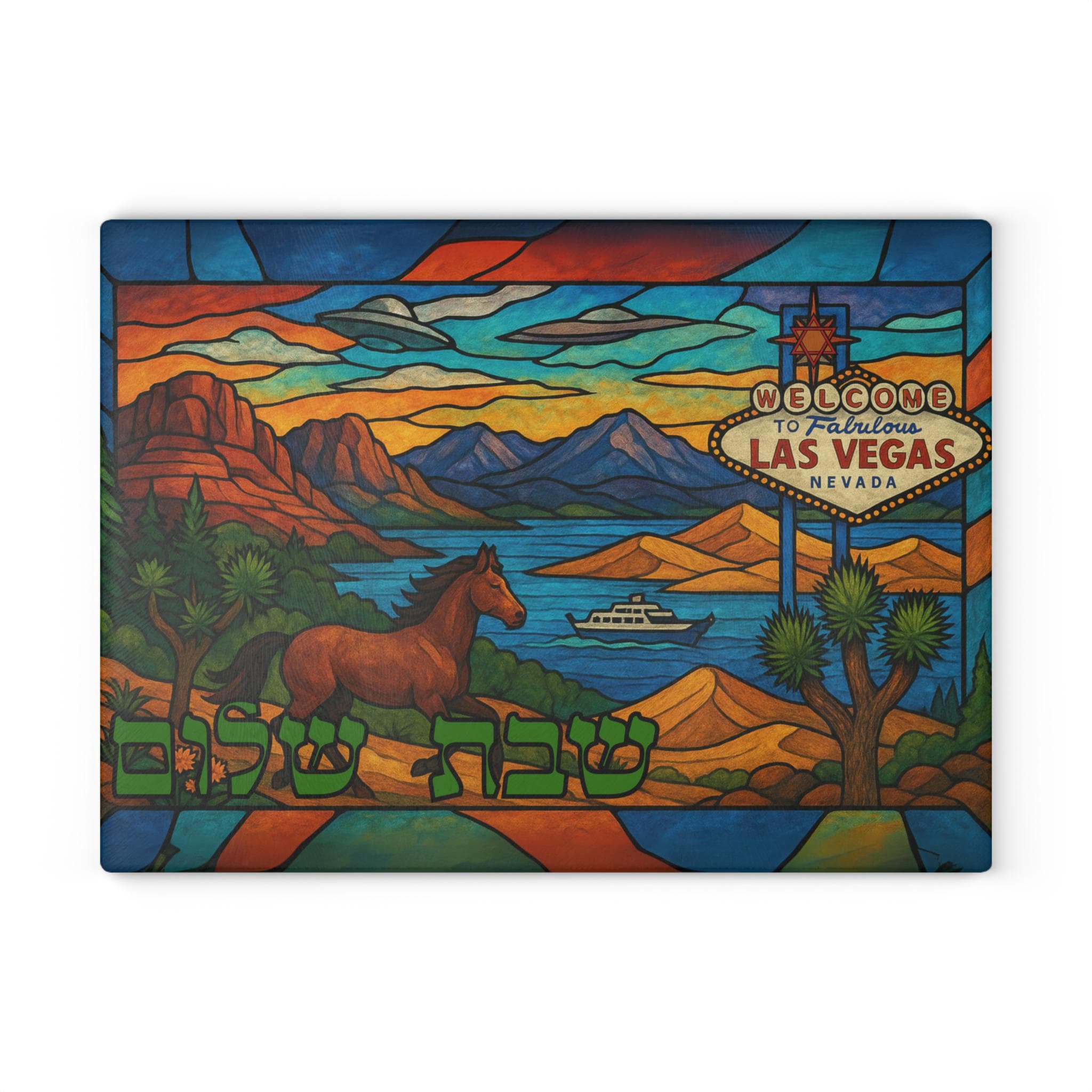 Nevada Challah Board, Las Vegas Stained Glass Style Shabbat Tray, Desert Judaica Gift