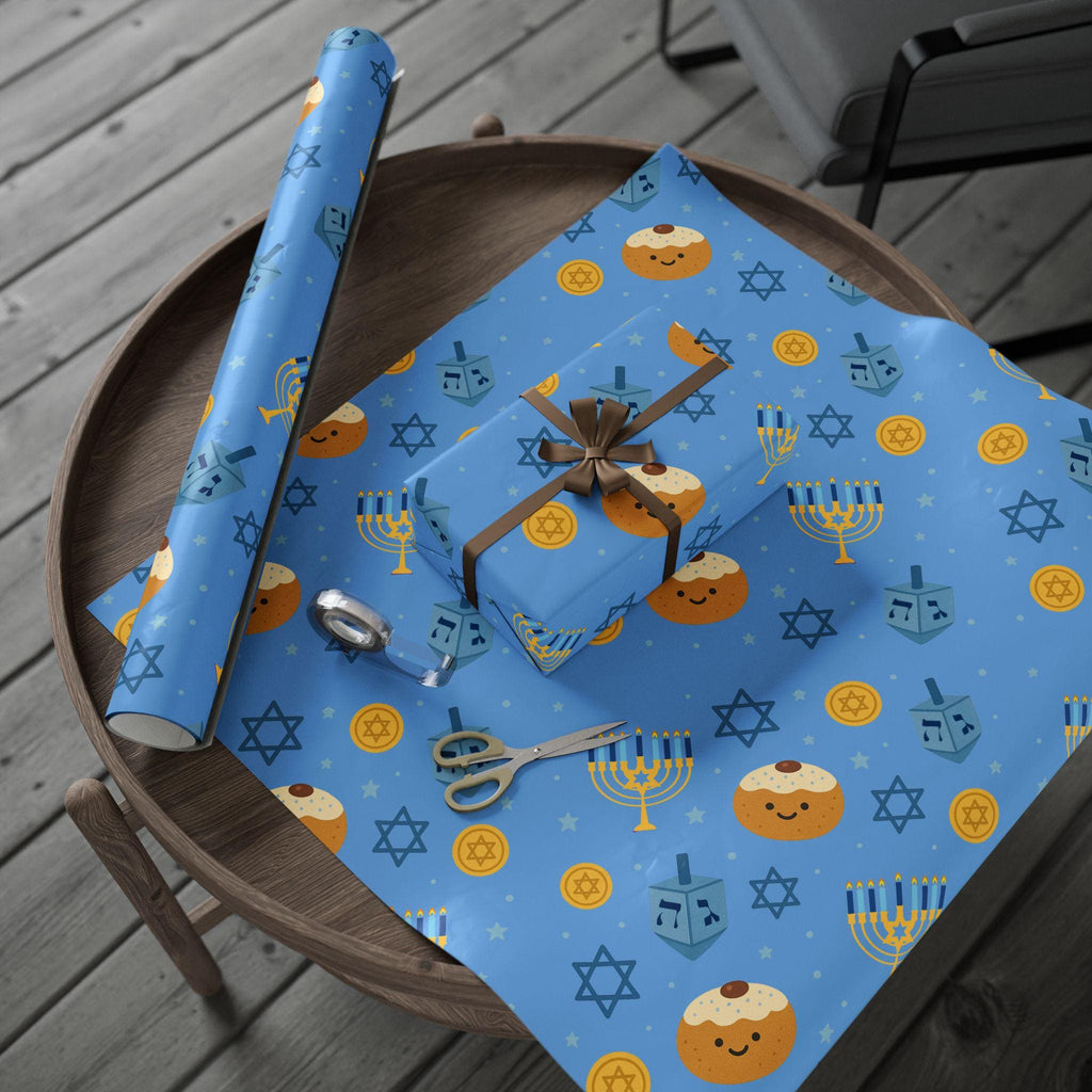 Blue Hanukkah Wrapping Paper, Modern Judaica Gift Wrap, Jewish Holiday Present Packaging