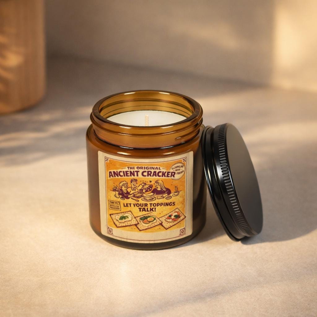 Vintage Cracker Label Soy Candle, Amber Jar, Judaica Kitchen Decor