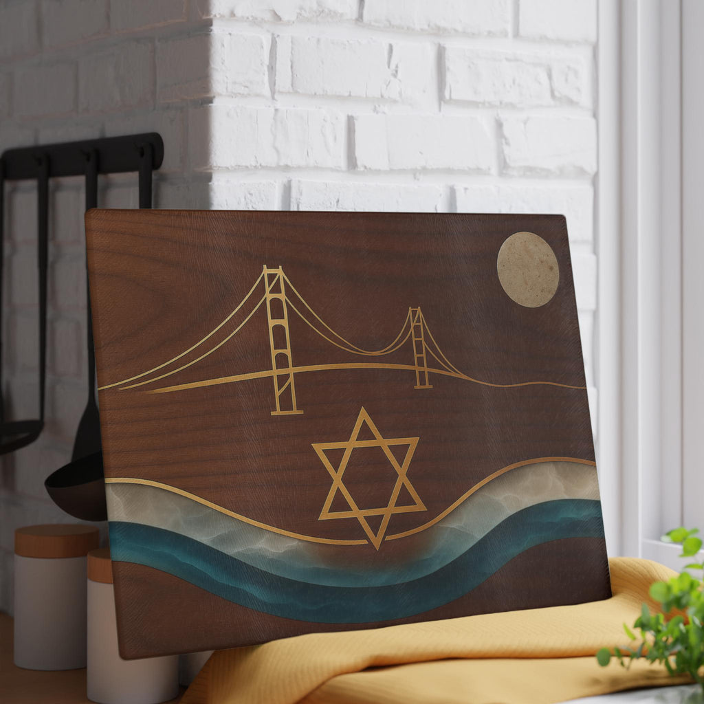 San Francisco Challah Board, Wood Look Shabbat Plate, Golden Gate Bridge Judaica