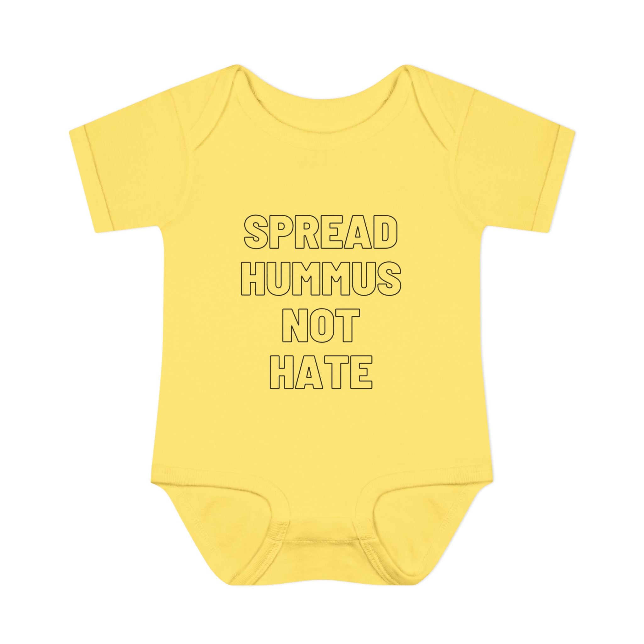 Spread Hummus Not Hate Baby Onesie Funny Jewish Infant Bodysuit, Foodie Humor Baby Shower Gift