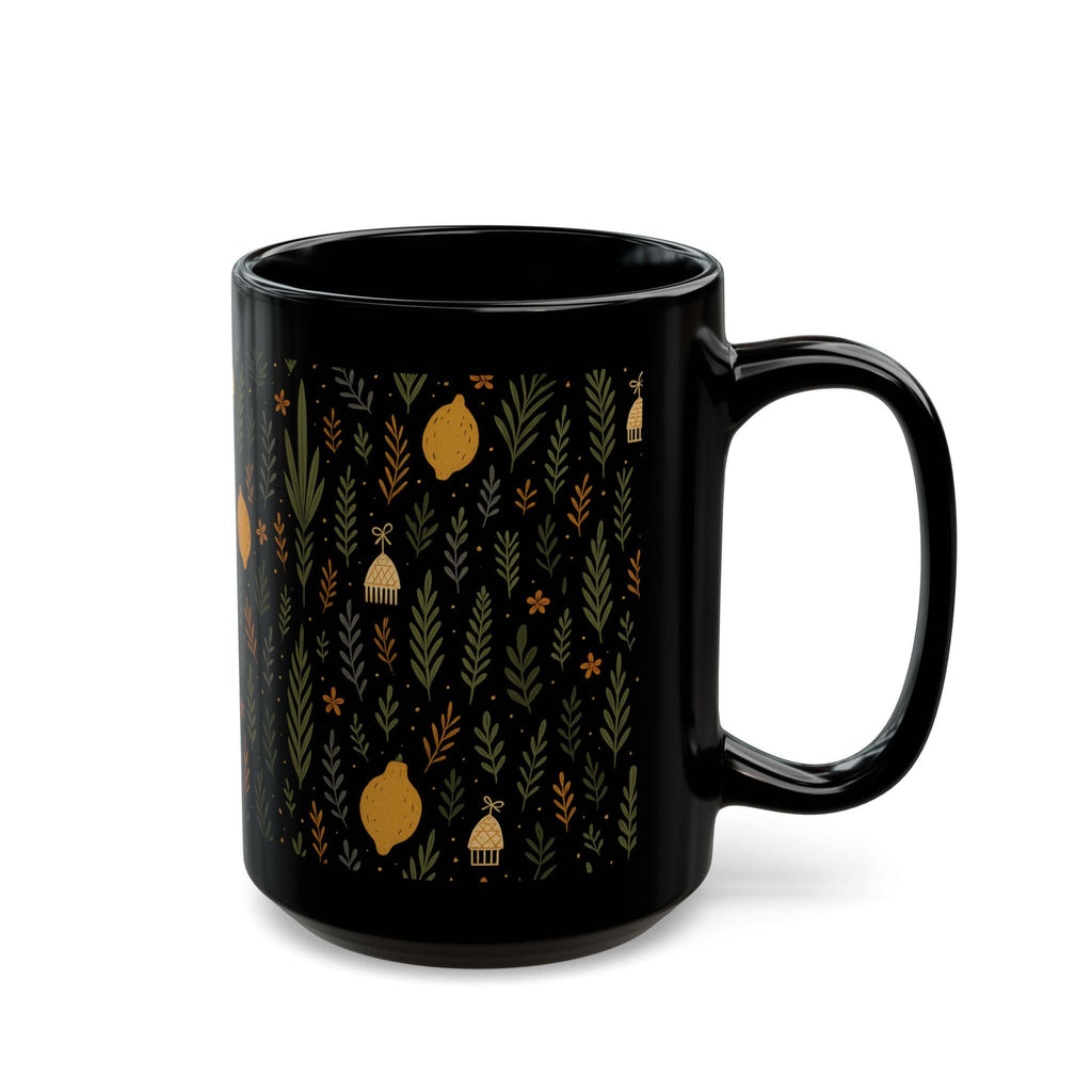 Jewish Sukkot Floral Black Ceramic Mug, Fall Holiday Tea Cup (11oz or 15oz)