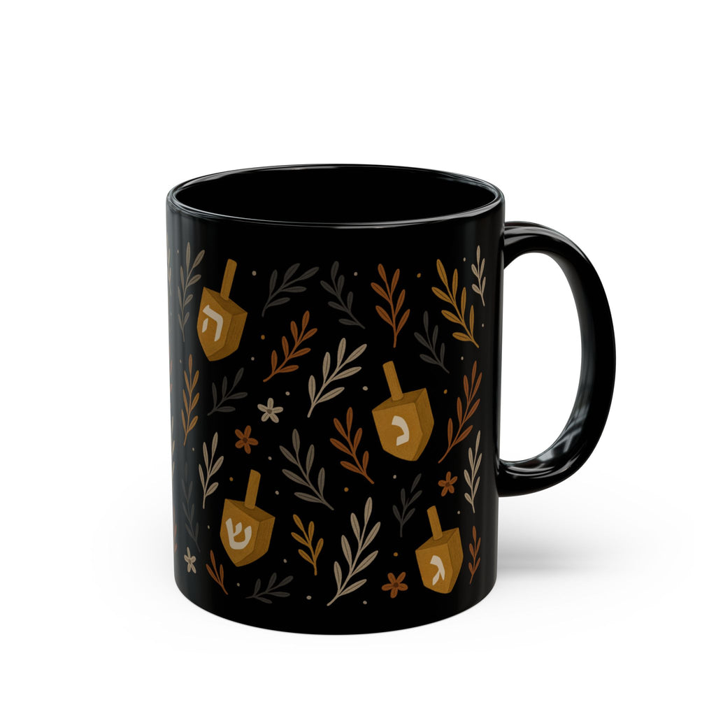 Jewish Dreidel Floral Mug Black Hanukkah Coffee Cup, 11oz or 15oz Ceramic Tea Mug Gift for Jewish Women