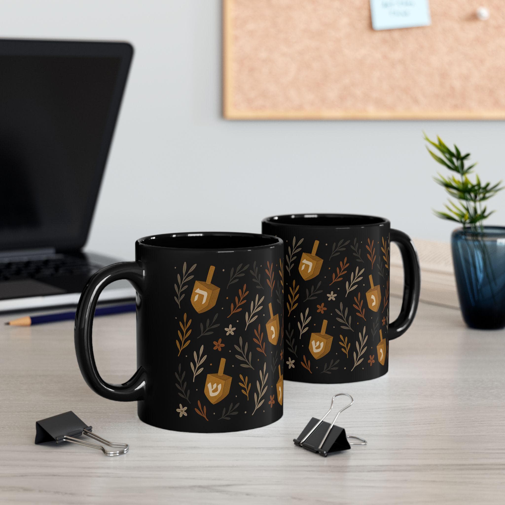 Floral Dreidel Mug, Black Ceramic Hanukkah Coffee Cup (11oz or 15oz)