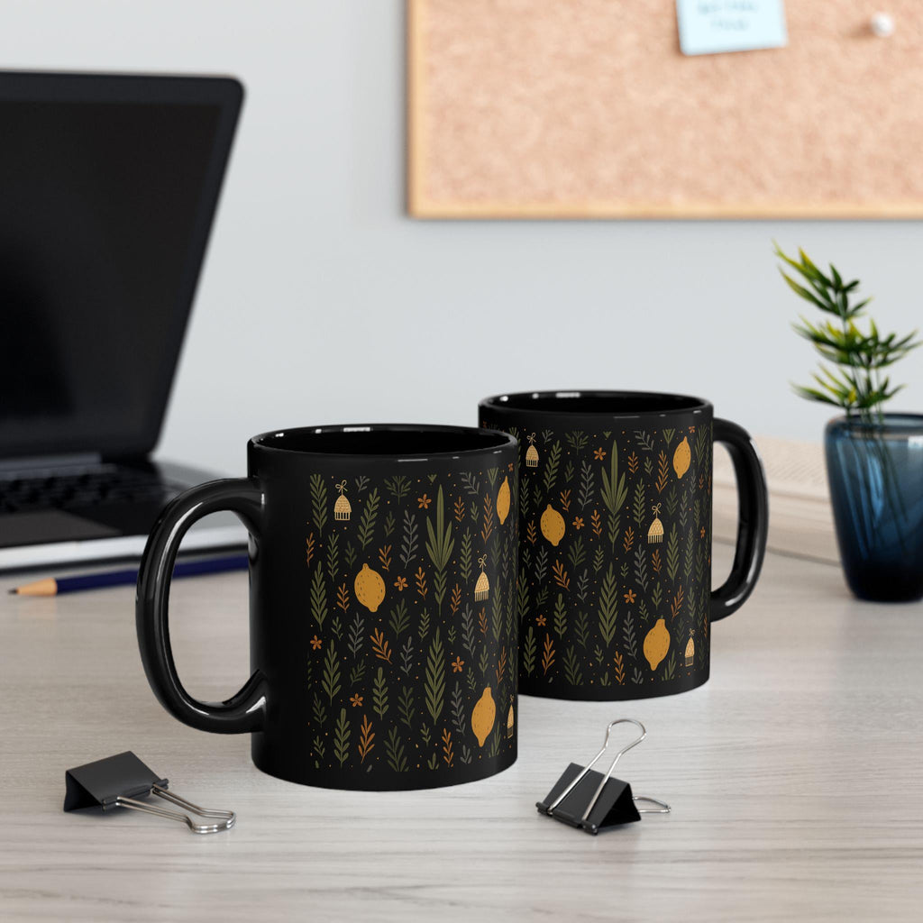 Jewish Sukkot Floral Black Ceramic Mug, Fall Holiday Tea Cup (11oz or 15oz)