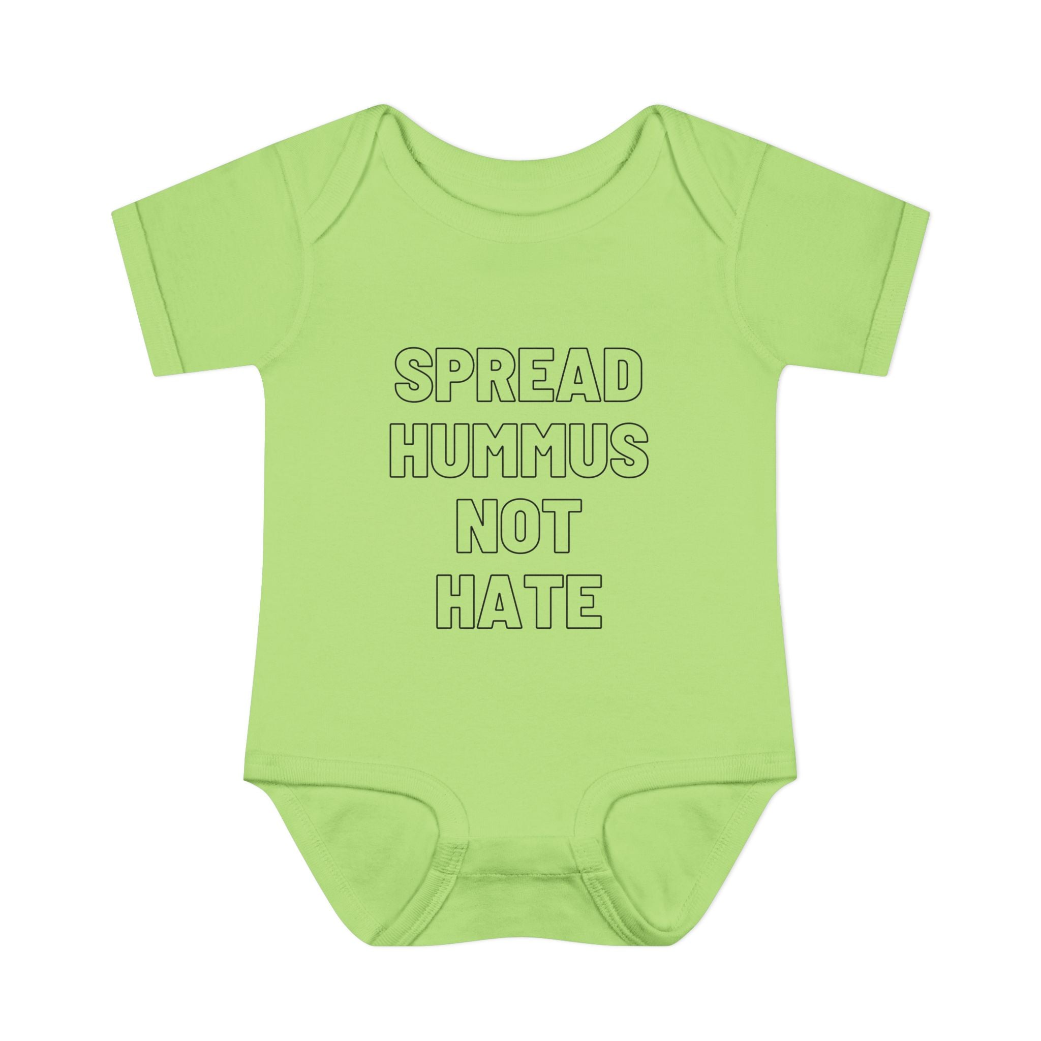 Spread Hummus Not Hate Baby Onesie Funny Jewish Infant Bodysuit, Foodie Humor Baby Shower Gift