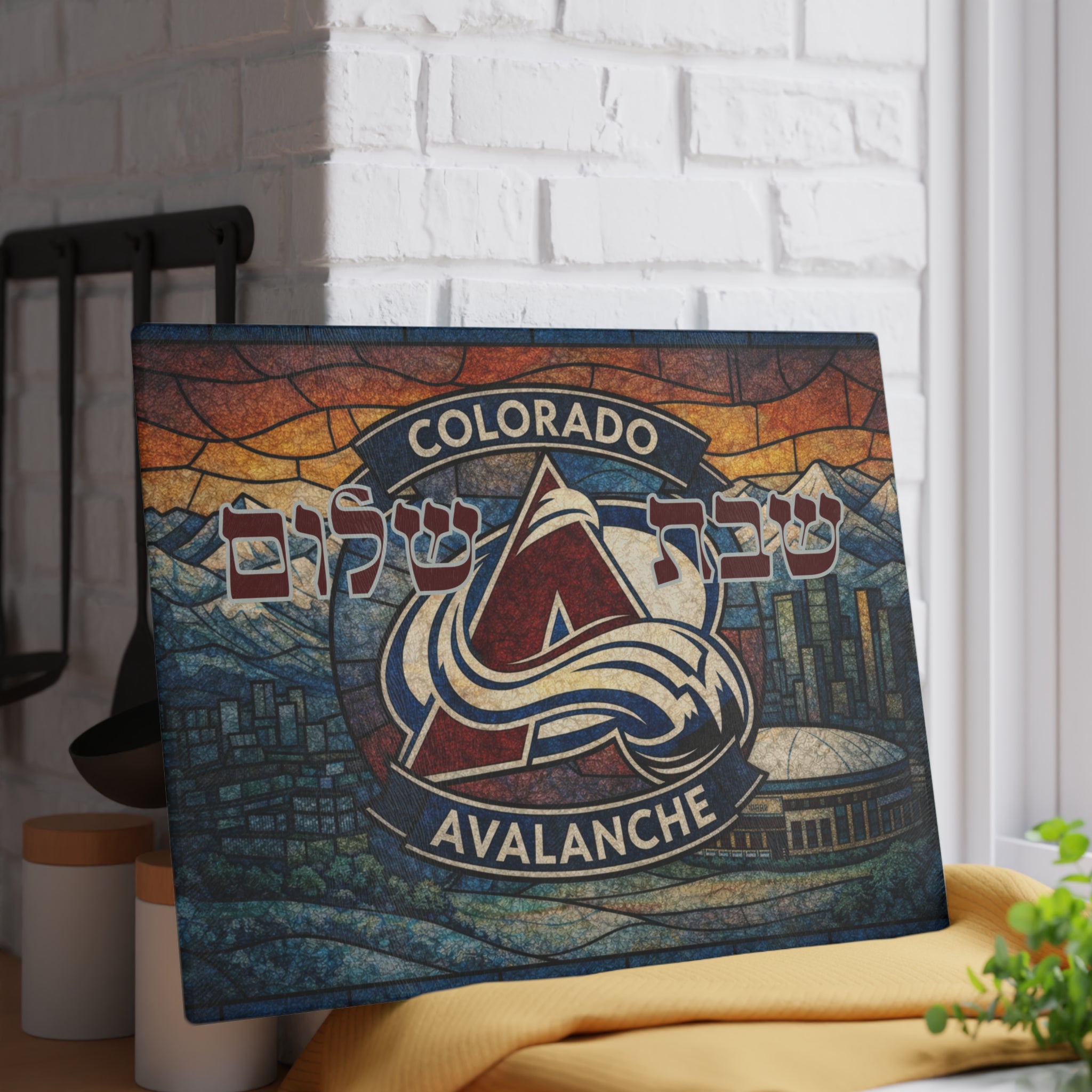 Colorado Avalanche Challah Board Stained Glass Shabbat Tray, 15x11 Jewish Hockey Wedding Gift