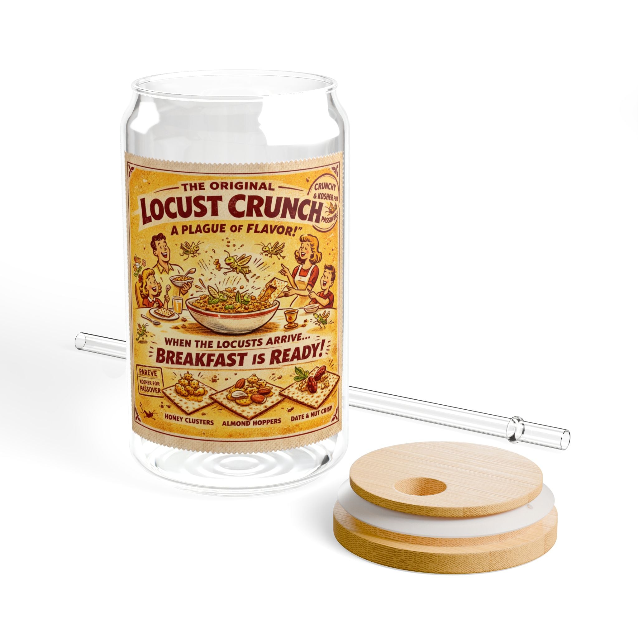 Passover Matzah Vintage Ad Sipper Glass 16oz, Bamboo Lid Straw Cup, Retro Pesach Drinkware, Jewish Hostess Gift, Funny Plague Matzah Glass