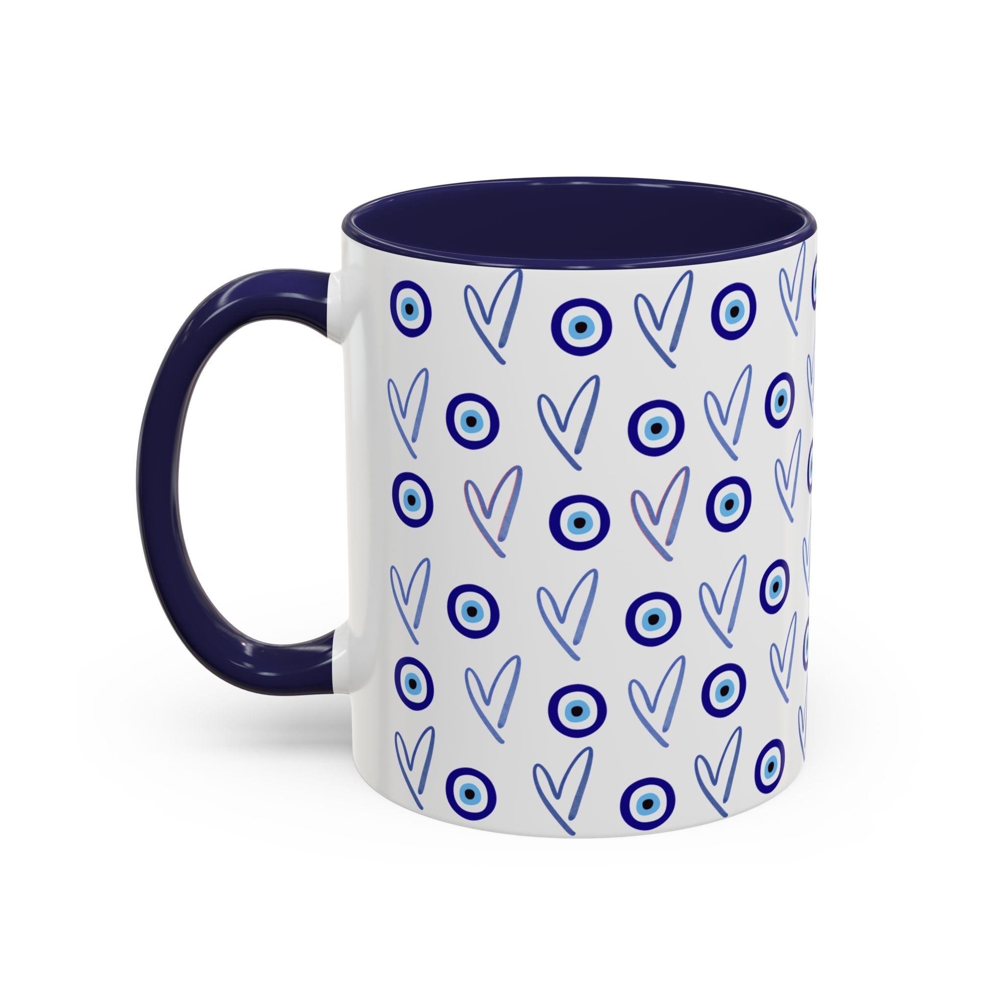 Evil Eye Heart Coffee Mug, Blue Ceramic Tea Cup, Jewish Kitchen Gift, Modern Judaica Drinkware, 11oz 15oz