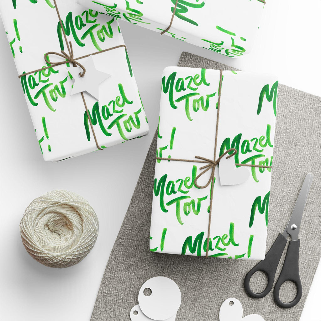 White Green Mazel Tov Wrapping Paper, Modern Jewish Simcha Gift Wrap