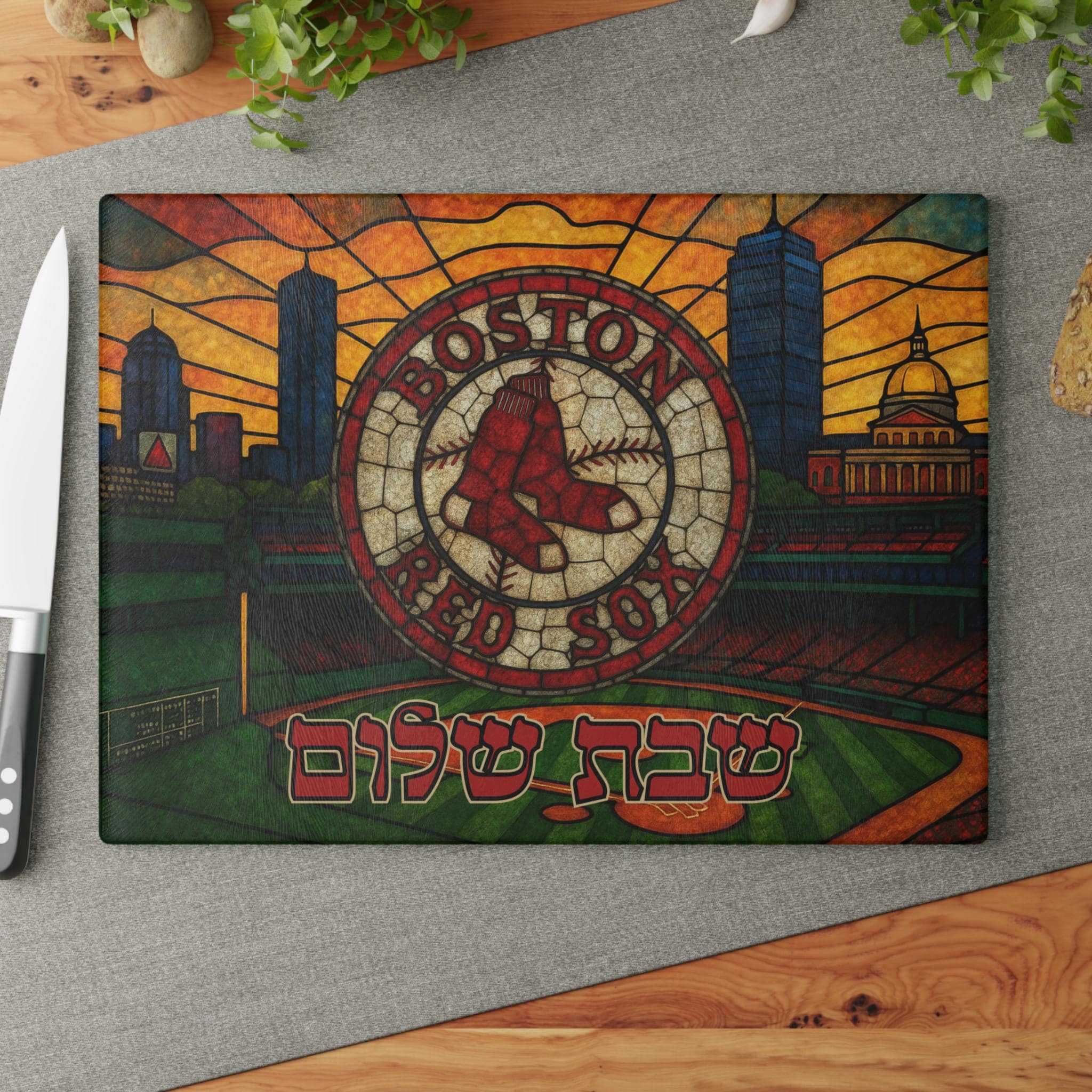 Boston Red Sox Challah Board, Stained Glass Shabbat Tray, Fenway Park Judaica (15x11)
