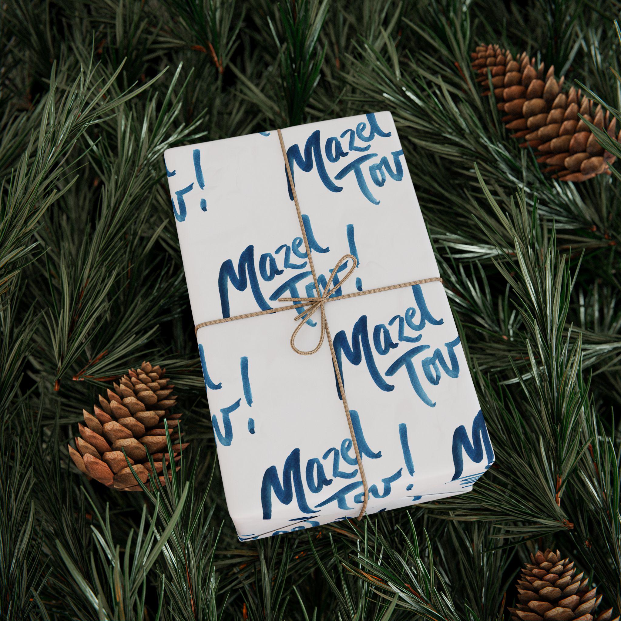 Mazel Tov Jewish Wrapping Paper, White Blue Simcha Gift Wrap