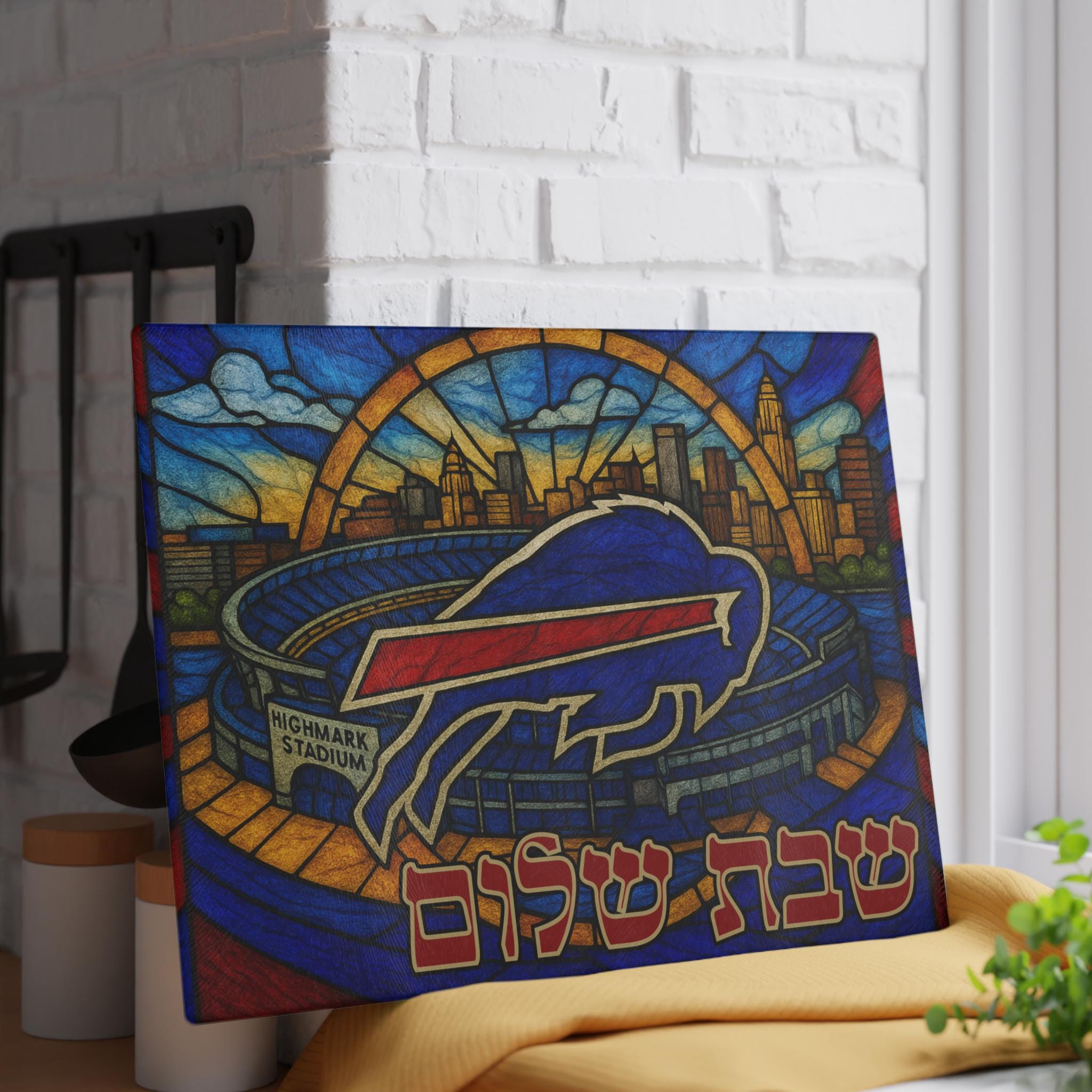 Buffalo Bills Challah Board, Tempered Glass Shabbat Tray, Stadium Skyline Judaica