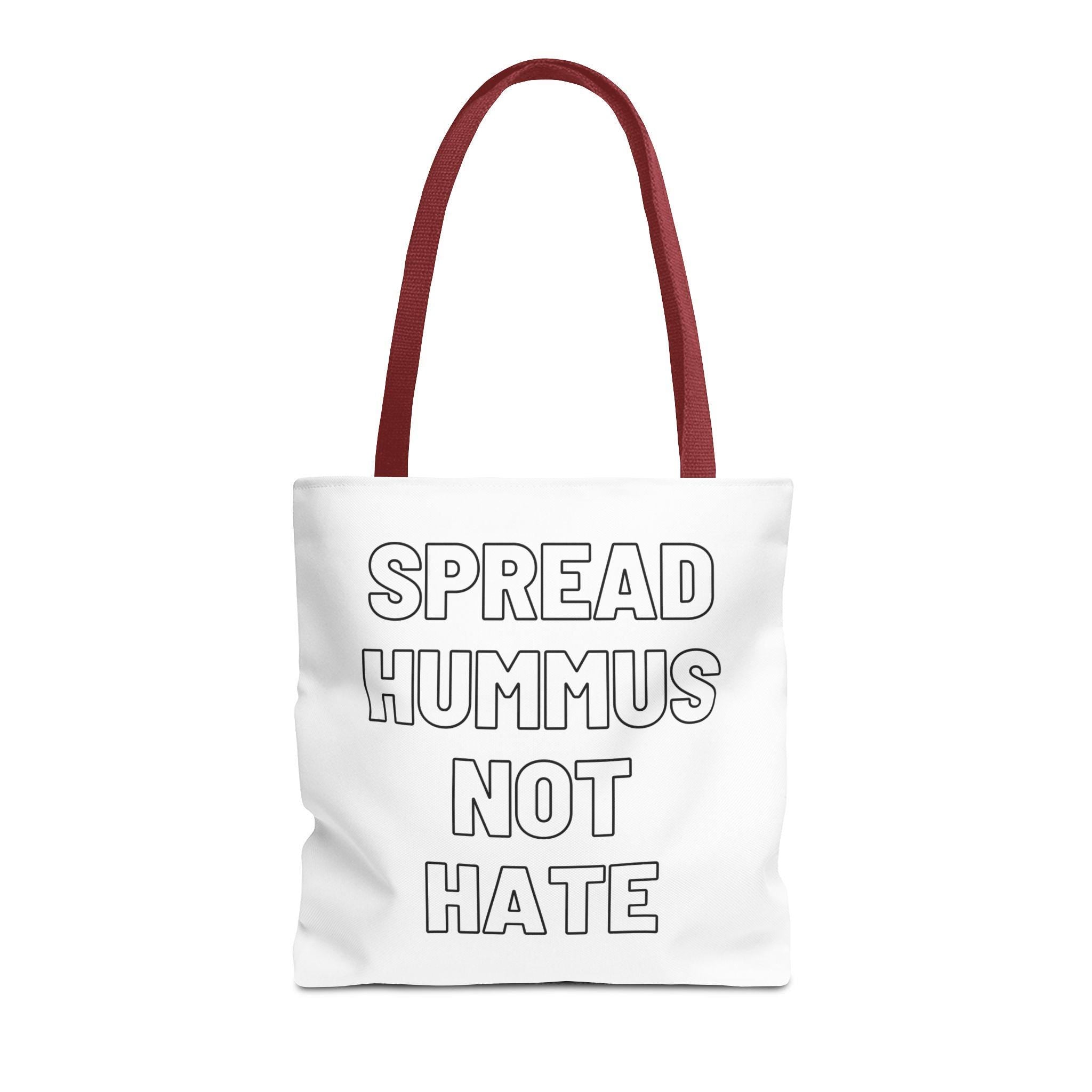 Spread Hummus Not Hate Tote Bag, Funny Vegan Reusable Grocery Bag, Gift for Foodies and Activists, Middle Eastern Food Lover