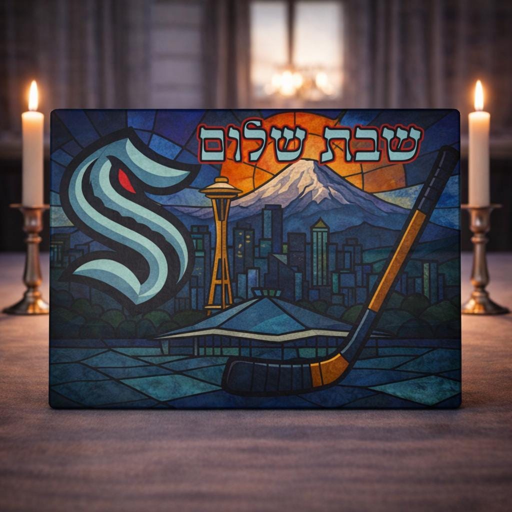 Seattle Kraken Challah Board Glass, Stained Glass Shabbat Tray with Arena and Skyline, Jewish Hockey Gift